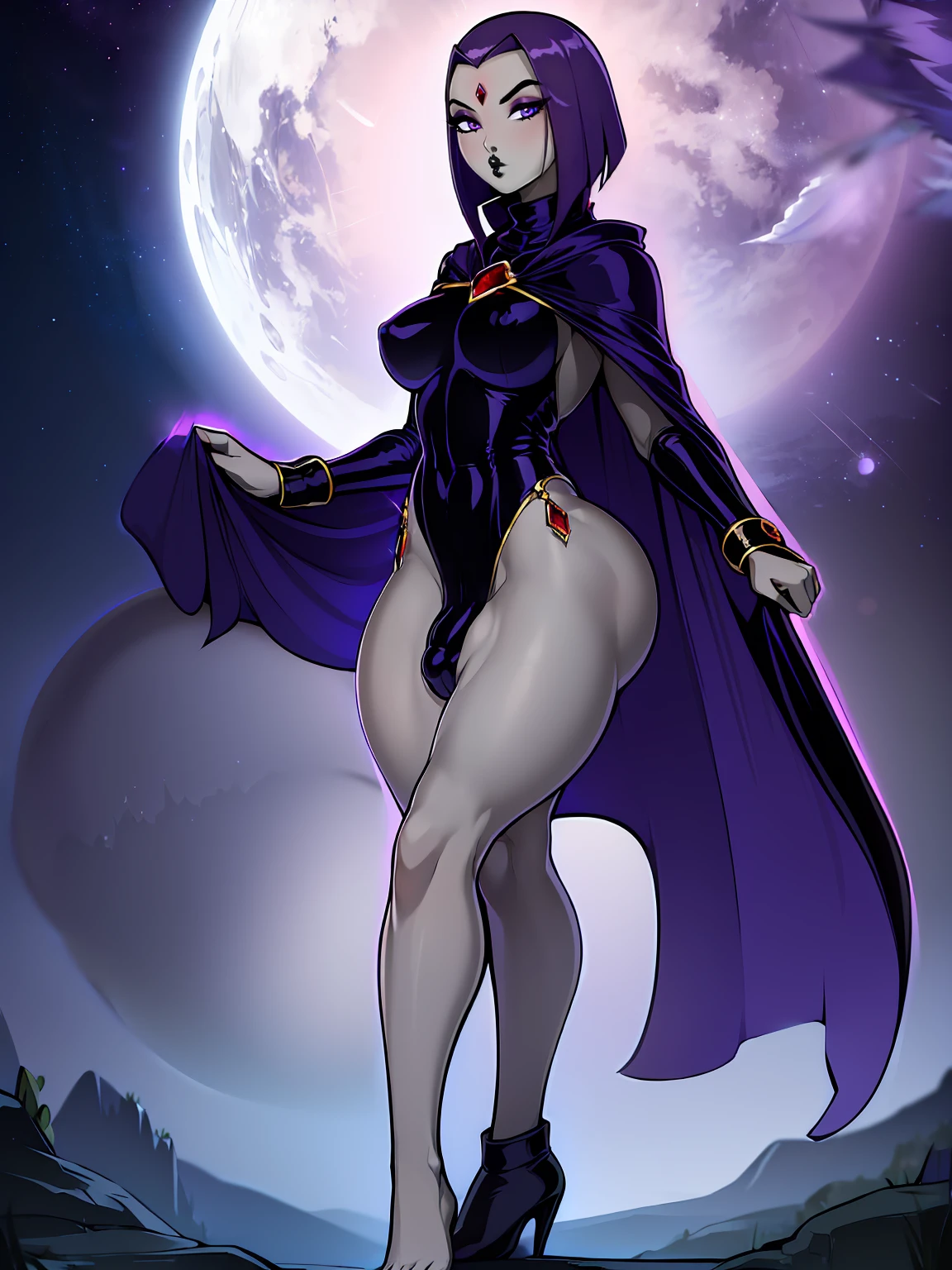 (solo:1.1),(masterpiece), (best quality:1.3), ultra detailed, intricate, professional art, digital art, absurdres, shadraven, (Full body view:1.1), 1girl, solo, (grey skin:1.4), dark purple hair, bob hair, purple eyes, hips wider than shoulders, pear shaped body, jewellery, detailed thighs, thick thighs, red jewel in forehead, jewels, (long sleeved turtleneck leotard:1.3), cuffs, small , (shadraven cloak), (Shadraven broach:1.2), Shadraven jewel belt, Shadraven wearing a long sleeved leotard outside at night, long legs, ( long crotch bulge:1.4), large penis, testicles, s view, looking at viewer, bubble butt , gluteal creaseiversal lighting,,