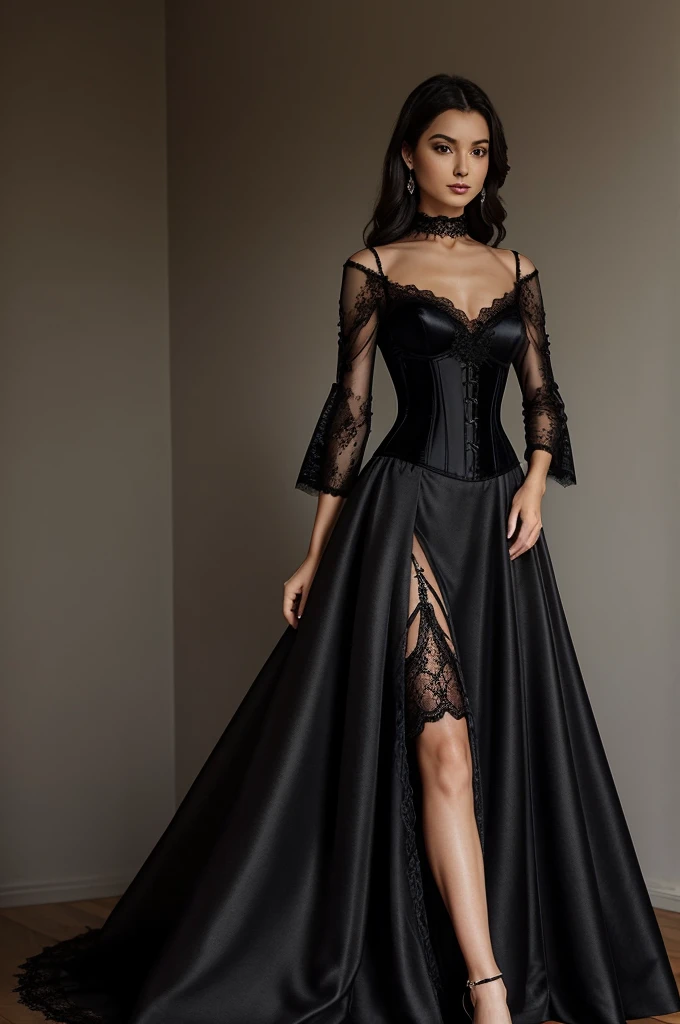 An image of a black cocktail dress, with a very long tail, the silk skirt, with a lace corset that is a little transparent from the top, maybe with some net silk sleeves, and some lace arrangements on the shoulders...