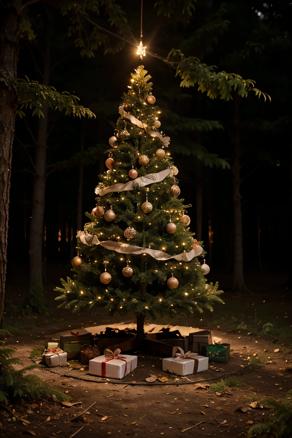 A Christmas tree at each end of the branch hangs a real firefly illuminating the tree, it is in a Christmas atmosphere that takes place in a forest, colorful and with a soft glow texture.