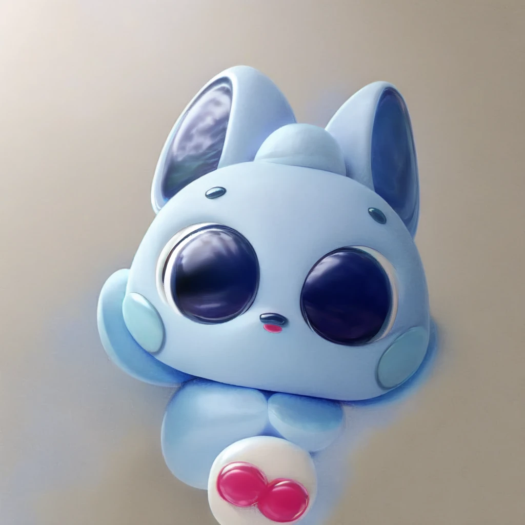 Create a cute, fluffy character with a pastel blue color scheme. The character should have a soft, round body and small, round eyes. It has a slightly sad expression and is holding a smartphone with a curious look. The character has small horns and fluffy fur, similar to a plush toy. The design should be simple with clean, bold lines and a soft, gentle color palette.