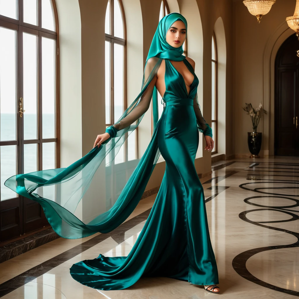 a woman in the translucent silk gown, tight full body tied, nipple on, satin hijab, full body, double long satin tail, mermaid tight long gown, flowy dramatic long gown, tall women, walk in coridor, strugle to walk, wear high heels, masterpice 