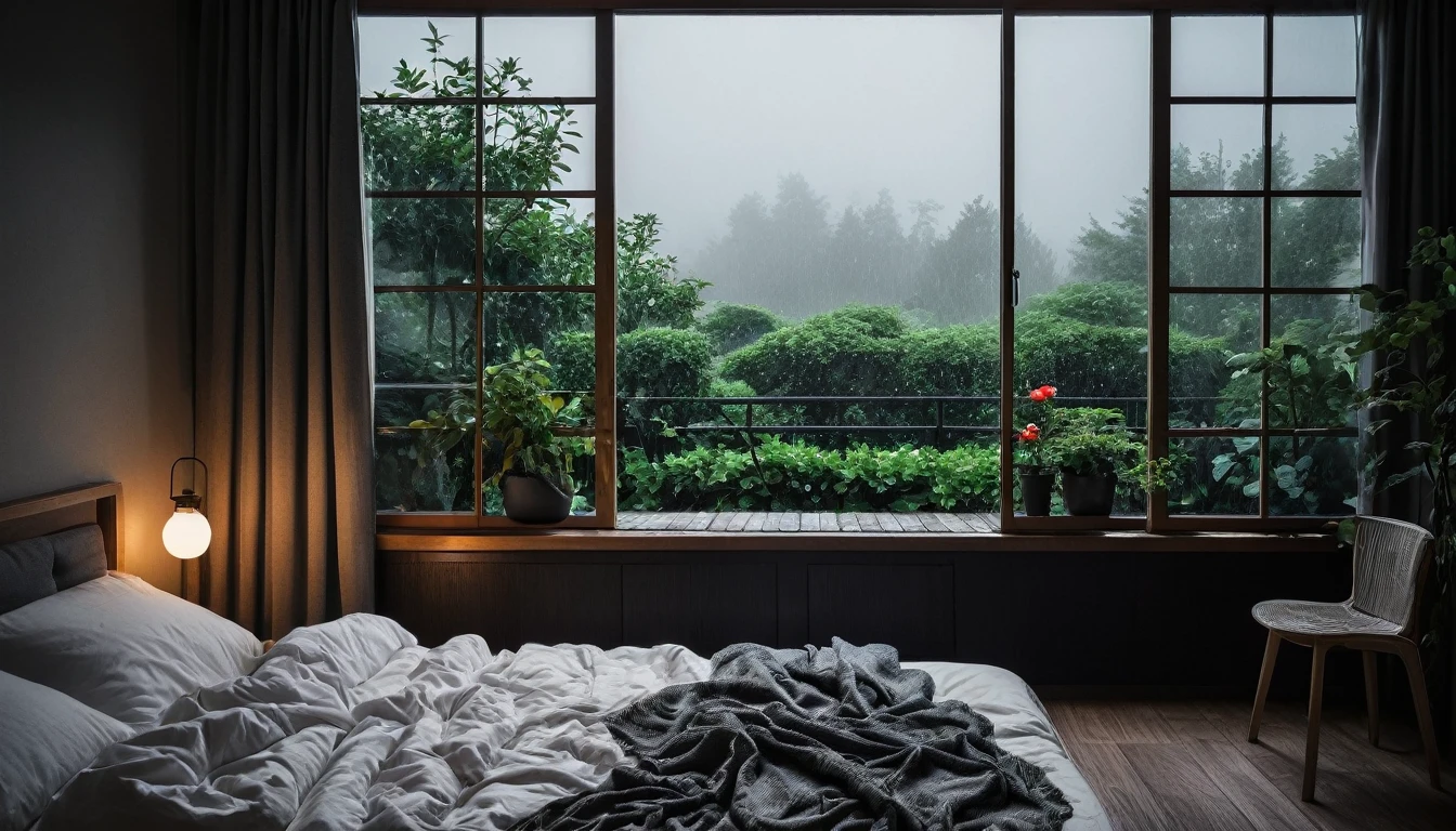 The picture shows a cozy gloomy bedroom, with a large window offering a view of a beautiful, dimly lit garden AND a garden soaked in FLOWERS, the cobblestones of the Japanese house concept. CINEMATIC, JAPANESE HOUSE, the shape of a Japanese house, and lots of flower gardens in the garden. The bed was unmade with rumpled sheets, indicating only a light sleep. the room is dark, gloomy, looks dim, gloomy. Beside the bed there is a small table with a classic lamp that radiates warm light into the room. Outside the window you can see the lush greenery of the terrace or balcony area, the rain is falling, the lamp on the left provides warm lighting, creating a calm and peaceful atmosphere. with fog obscuring part of the view in the distance. The contrast between the warmth indoors and the rain outdoors creates an inviting and calming atmosphere