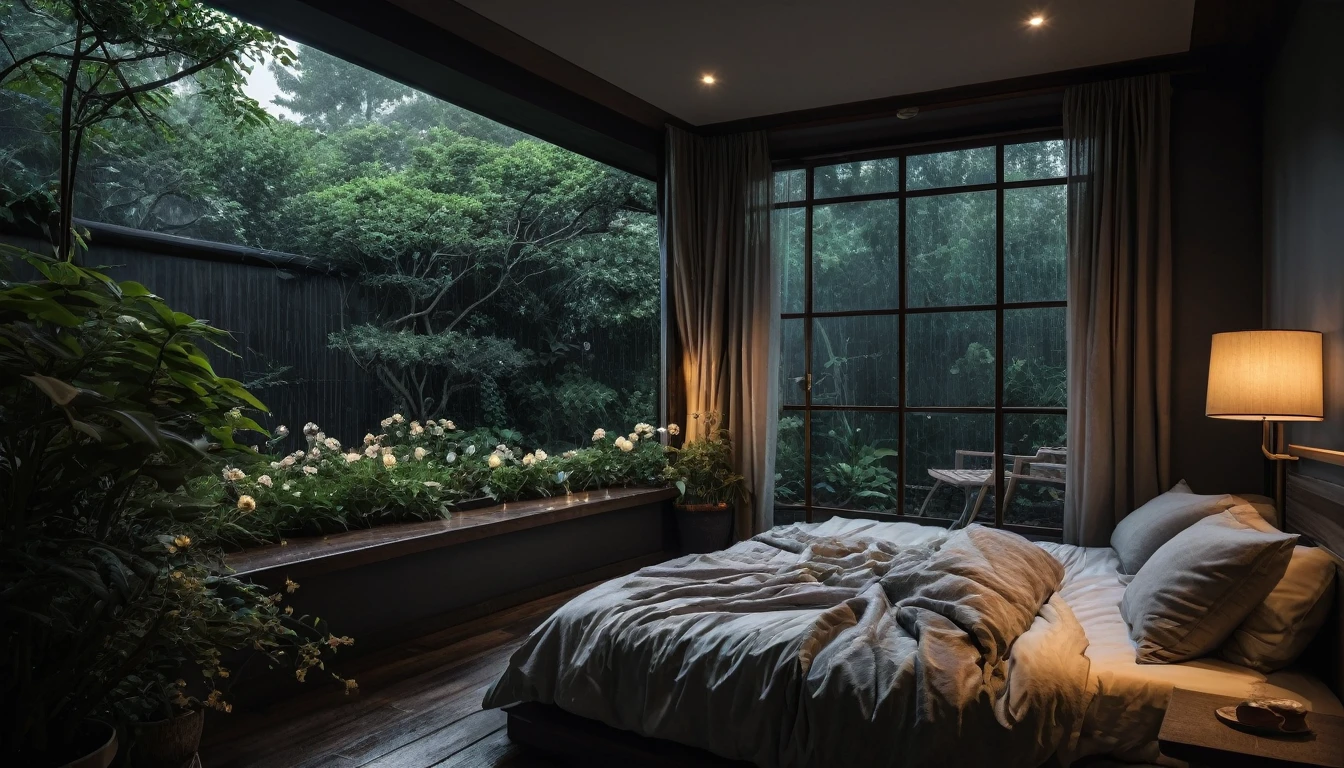 The picture shows a cozy gloomy bedroom, with a large window offering a view of a beautiful, dimly lit garden AND a garden soaked in FLOWERS, the cobblestones of the Japanese house concept. CINEMATIC, JAPANESE HOUSE, the shape of a Japanese house, and lots of flower gardens in the garden. The bed was unmade with rumpled sheets, indicating only a light sleep. the room is dark, gloomy, looks dim, gloomy. Beside the bed there is a small table with a classic lamp that radiates warm light into the room. Outside the window you can see the lush greenery of the terrace or balcony area, the rain is falling, the lamp on the left provides warm lighting, creating a calm and peaceful atmosphere. with fog obscuring part of the view in the distance. The contrast between the warmth indoors and the rain outdoors creates an inviting and calming atmosphere