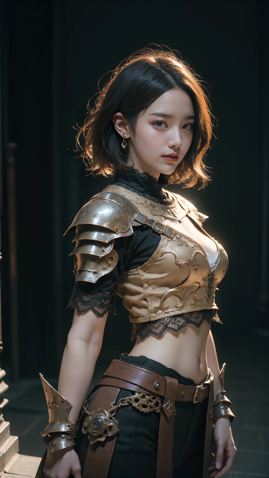 ((Front facing)), Game art，The best picture quality，Highest resolution，32K，(A bust photograph)，(Portrait)，(Head close-up)，(Rule of thirds)，Unreal Engine 5 rendering works， (The Girl of the Future)，(Female Warrior)， 20-year-old girl， elegant smile, short hair, ((Hunter))，An eye rich in detail，(Big breasts)，Elegant and noble，indifferent，brave， （Medieval-style fur combat clothing, sexy lace top，Glowing magic lines，Animal skin clothing with rich detailedieval Lady Knight，Medieval ranger， photo poses，simple background，Movie lights，Ray tracing，Game CG，((3D Unreal Engine))，OC rendering reflection pattern