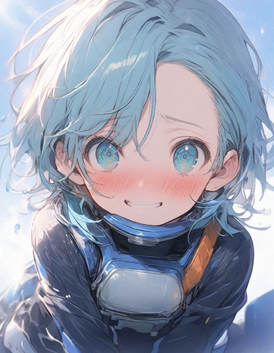 1 boy,,,10 years old,、Short hair, (spiked hair:1.1), asymmetrical bangs, low twintails,Aqua Blue Hair, Two-tone hair, A delicate and delicate face, blush, ,aqua eyes, Black_bow ribbon, 、Hanging eyes,,(blue diver's suit:1.3),blush,