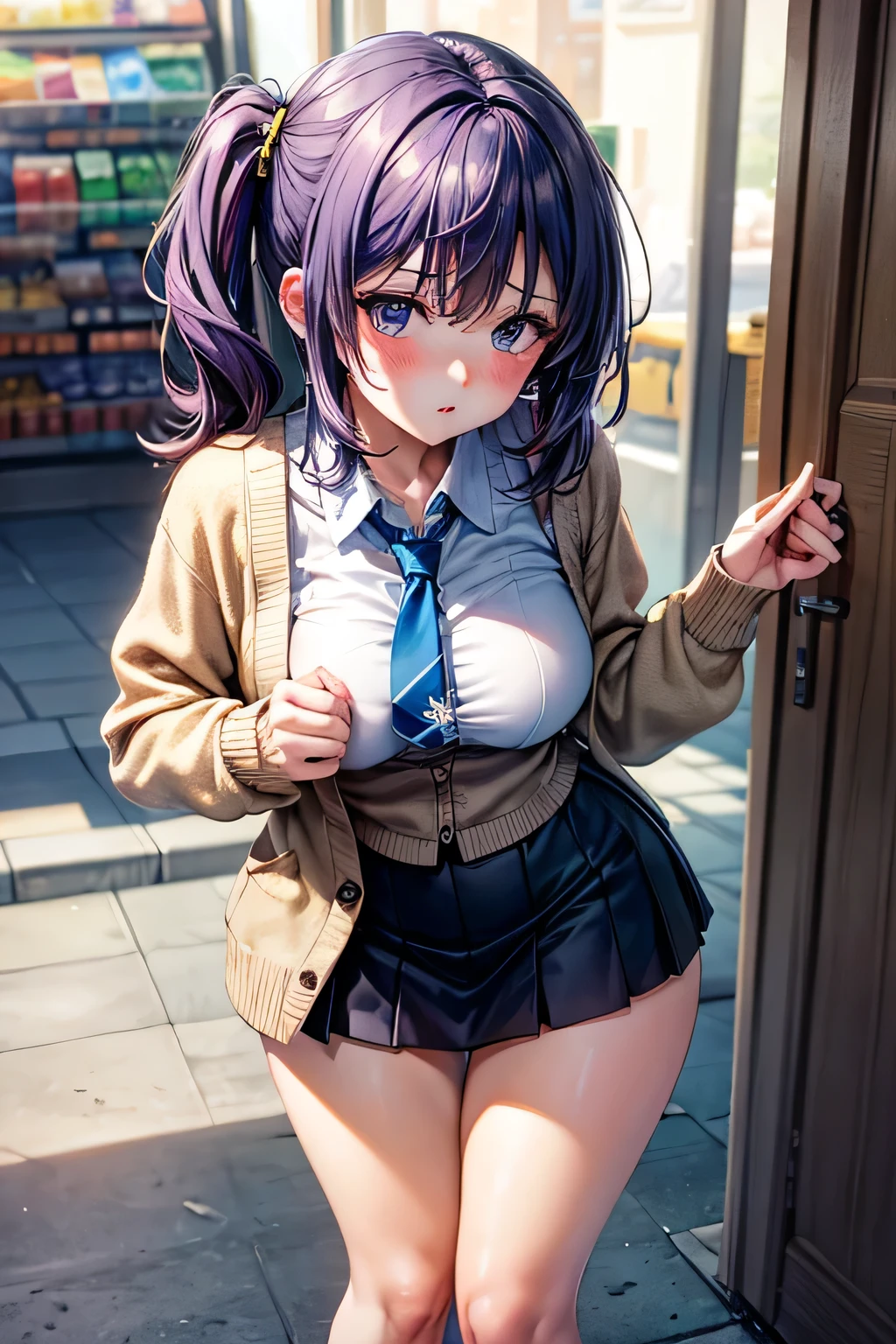 (Very detailed CG Unity 8K 壁紙),(masterpiece), (Highest quality), (Very detailed), (Best illustrations),(Best Shadow), Large Breasts,16 years old,Purple eyes and very short purple hair,blush、Standing and leaning forward、convenience store、Glossy pink underwear、White blouse,Blue tie,Checked mini skirt(She is holding her underwear in both hands, showing it to the viewers.)、beige cardigan、Dynamic Angle