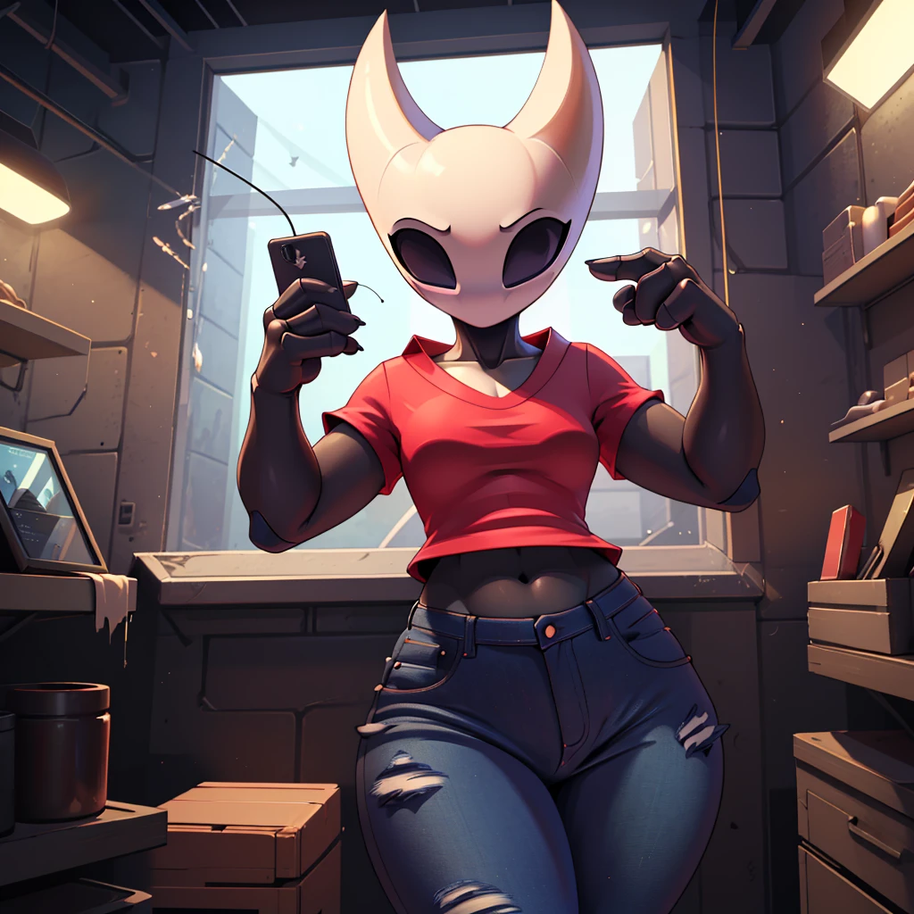 (masterpiece), ((perfect anatomy)), (high Res), (4k), hornet, ((insectoid)), ((segmented body)), ((insect body parts)), black body, (white head), 3 fingers(index, middle and thumps), flat chest, wide hips, (((red top))), (((tight jeans))), using her phone, (((solo))), narrow waist, (cute artstyle)