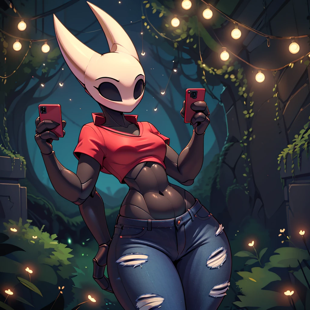(masterpiece), ((perfect anatomy)), (high Res), (4k), hornet, ((insectoid)), ((segmented body)), ((insect body parts)), black body, (white head), 3 fingers(index, middle and thumps), flat chest, wide hips, (((red top))), (((tight jeans))), using her phone, (((solo))), narrow waist, (cute artstyle)