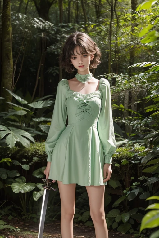 15 year old girl, , slim, flat chest, short white hair, extremely curly, perfect face, short dress, green color, Victorian, long sleeve, to the neck, showing her legs, holds a short sword with both hands. In a forest, at night.