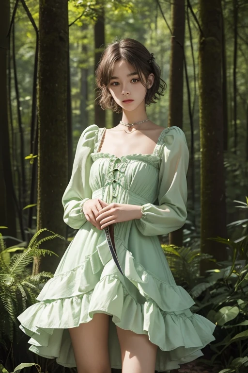 15 year old girl, , slim, flat chest, short white hair, extremely curly, perfect face, short dress, green color, Victorian, long sleeve, to the neck, showing her legs, holds a short sword with both hands. In a forest, at night.