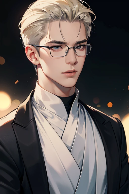1 man, handsome young male, silver suit, black glasses, black turtleneck, black eyes, blonde hair, korean hair, short slicked back hair, gentle expression, sexy pose, void background, best quality, extreme detail description, professional, vivid colors, bokeh, portrait, muscle, student