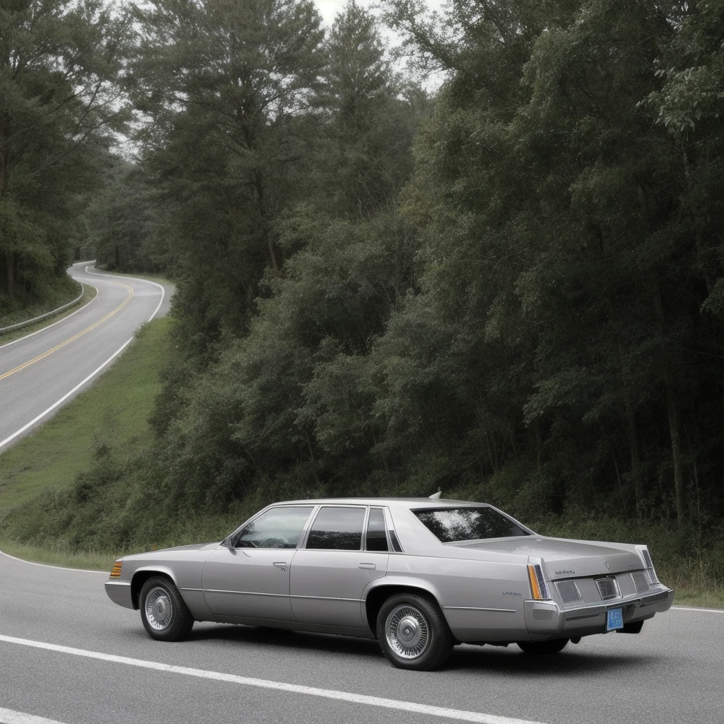 The modern talking song car Gerónimo dark gray Cadillac seen from behind moving along a straight one-way road with a cold biome on one side and a warm biome on the other, image size 9:16 and that you can see the complete car and that it is facing away