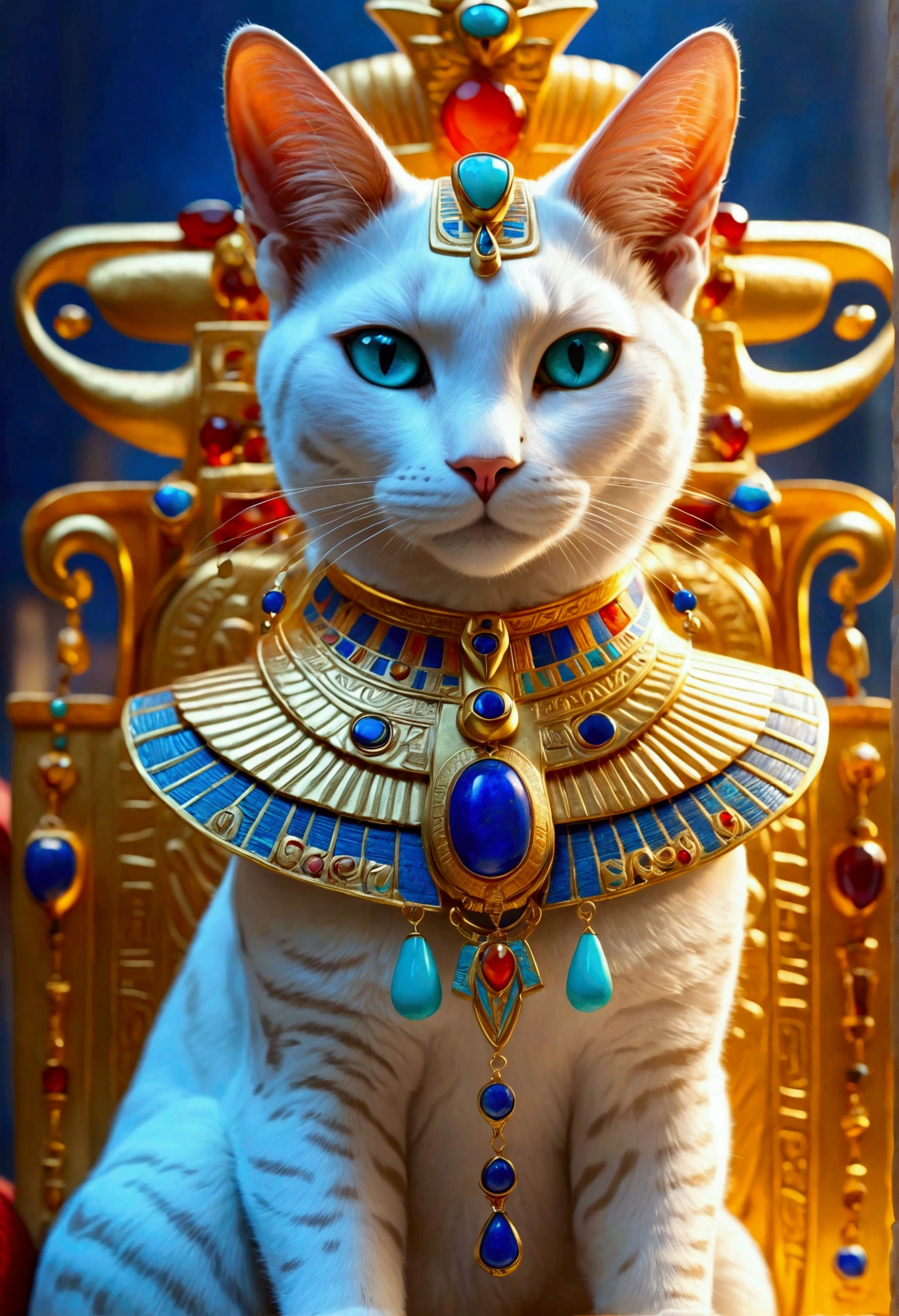 White feline Goddess (sitting upon majestic golden Egyptian throne with ornate carvings and hieroglyphs, backseat wings:1.2), (ornate collar with lapis lazuli, turquoise, carnelian:1.1), (ornate regal headdress encrusted with gems:1.1), ((divine glowing golden (cookie above head:1.2), (ornate columns with hieroglyphs), blue eyes, (soft cartoon:1.3), masterpiece in maximum 16K resolution, best quality, ultra detailed, aesthetics, absurdes.