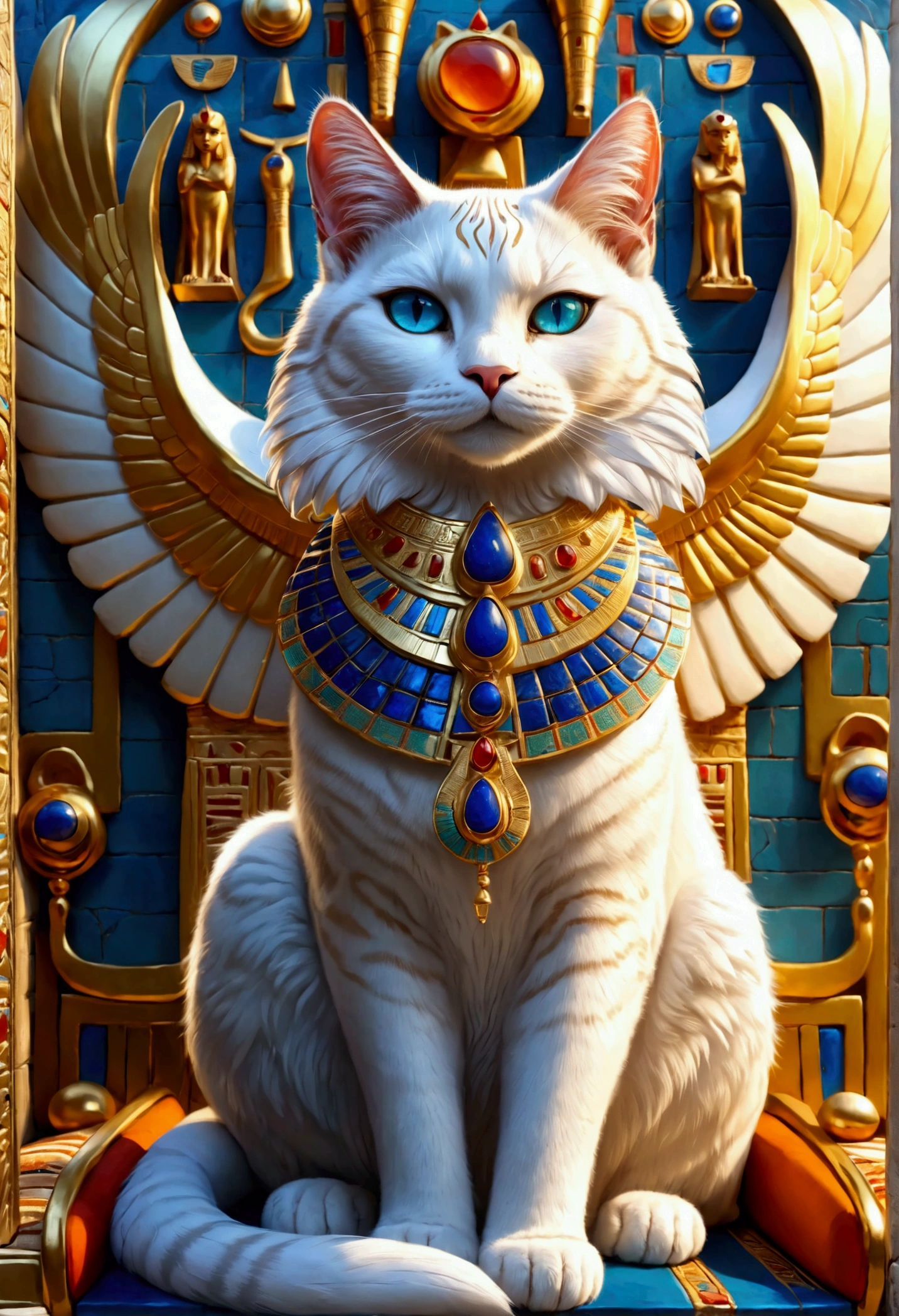 ((Anthropomorphic:1.3) feline goddess ((holding big divine golden radiating cookie above its head:1.3)), ((sitting upon Egyptian majestic golden seat:1.2) with luxurious fabrics and intricate carvings and hieroglyphs, (backseat wings:1.2), (collar with lapis lazuli, turquoise, carnelian:1.1), (intricate Egyptian regal headdress encrusted with gems:1.2), white fur, blue eyes, (columns with intricate hieroglyphs), bright colors, masterpiece in maximum 16K resolution, best quality, ultra detailed, aesthetics, absurdes.