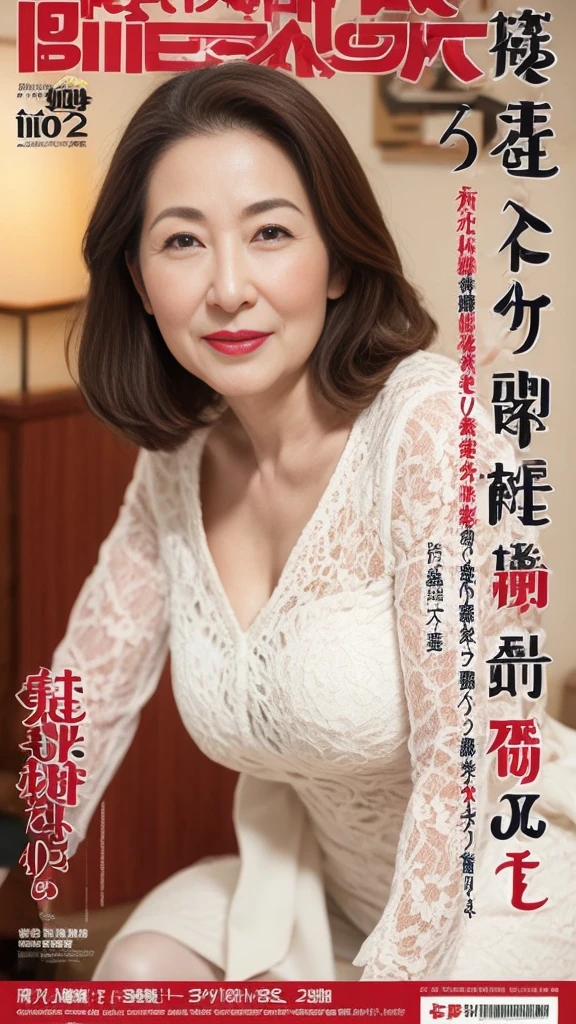 Poster, Mature Woman, Our eyes met, Japanese painting gravure, senior citizen, Draw lips correctly, Red lipstick, No discomfort, 120 years old, 16K, Highest quality, Very detailed, Realistic, Very detailed肌, (Japanese), alone, Large Breasts, Neighborhood Wife, Glamour, sexy, Chromo White Skin, Staring straight ahead,