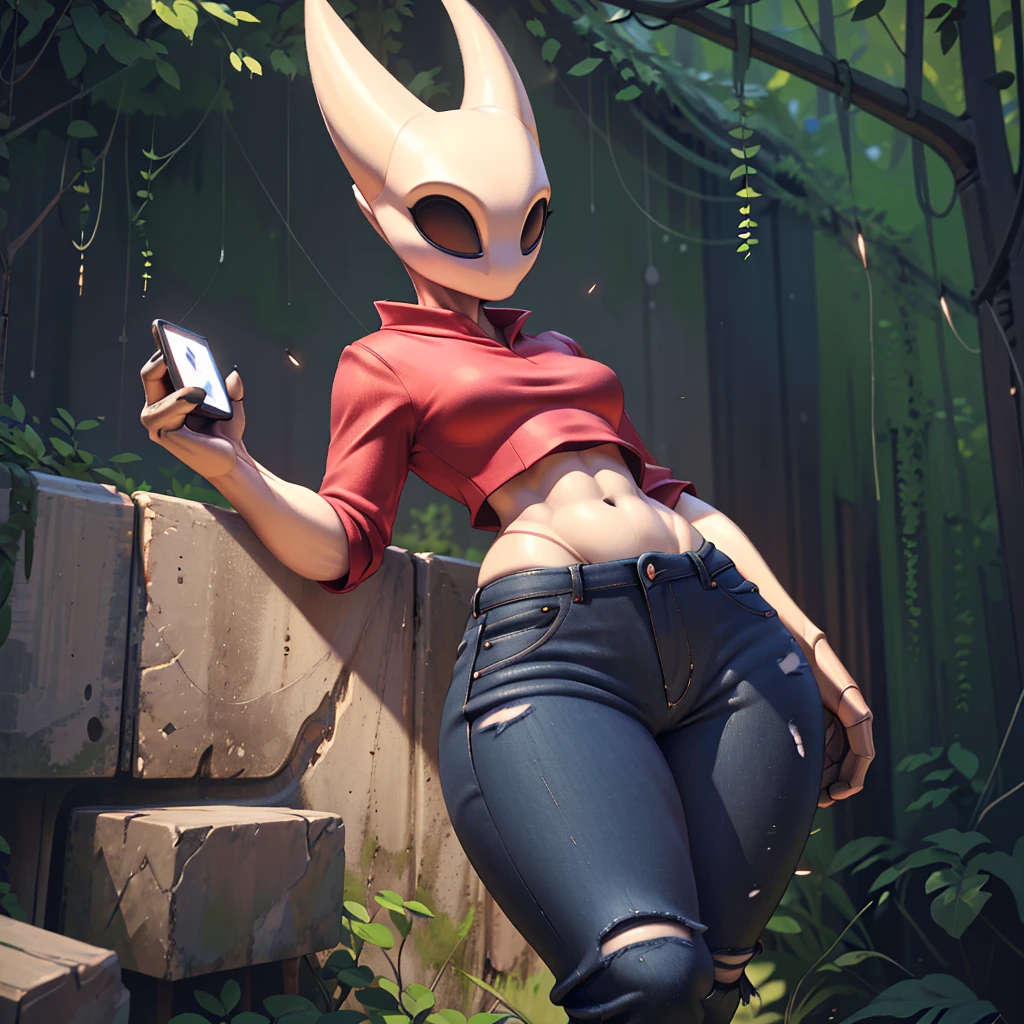 (masterpiece), ((perfect anatomy)), (high Res), (4k), hornet, ((insectoid)), ((segmented body)), ((insect body parts)), black body, (white head), 3 fingers(index, middle and thumps), flat chest, wide hips, (((red top))), (((tight jeans))), using her phone, (((solo))), narrow waist, (((((realistic artstyle)))))