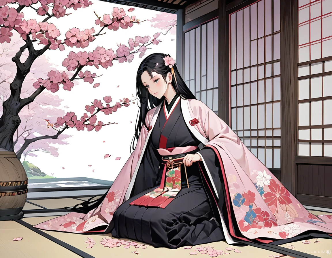 Beautiful Princess、alone、Esbian all over body、Diagonally from the side、Sit upright on the floor、Japanの貴族の豪華な装束、Wear wide-sleeved jackets on the outside、Long robe-like hem、The beauty of a pale pink layered collar、silk、Layered、The hem of the hakama is long、dream-like、elegant、BREAK 、Straight, long, beautiful black hair、Long black hair is a sign of beauty、BREAK 、The length of the hem of your costume is a sign of beauty、Aesthetics of Color、A sense of layered colors、Japan_Travel back in time to the Heian period、Genjimonogatari、The Tale of Genji、White Background、Image of cherry blossom petals、Dreamy、The King&#39;s Residence