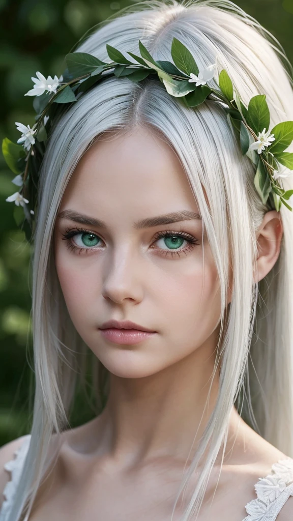 a girl.  face sent feeling.  Europe.  Oval face.  long face.  delicate facial features.  sad eyes.  seductively seductive.  green eyes.  platinum white hair.  wreath on head.  Sad and disappointed expression.  Wear a simple, shy dress.  outdoor