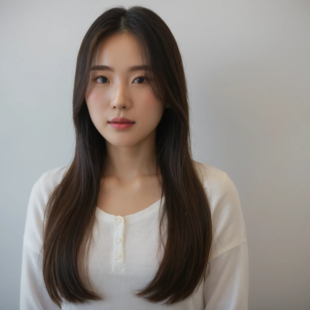 Best Quality, 8k, Masterpiece, (Portrait: 1.3), (photo realistic:1.4), (hyper realistic:1.4), Sharp Focus, looking at viewer, (smoother lighting:1.1), (increase cinematic lighting quality:0.9), realistic lighting, backlighting, light on face, ray trace, (brightening light:1.2), (Increase quality:1.4), sharp detail, (best quality real texture skin:1.4), finely detailed eyes, black_eyes, finely detailed face, 25 year old Korean woman