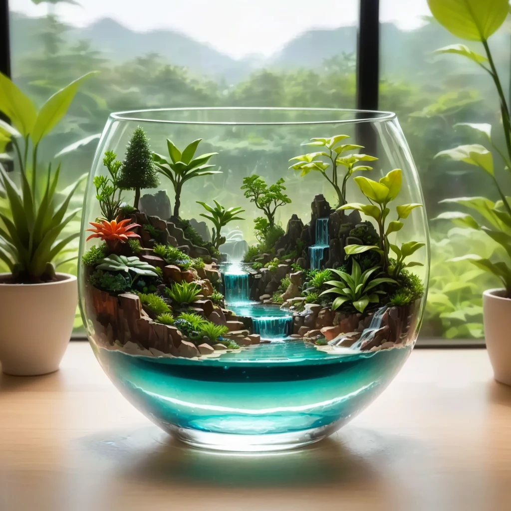 There was a glass bowl,There are waterfalls and plants inside, Water flows inside the terrarium, Plants in the glass, There is a miniature indoor lake, garden behind the glasses, Plants in a glass vase, Exquisite glass crafts, Original landscape, resin and clay art, plants in glass vase, Dreams in a Jar, Surreal landscape, Realistic glass sculpture
