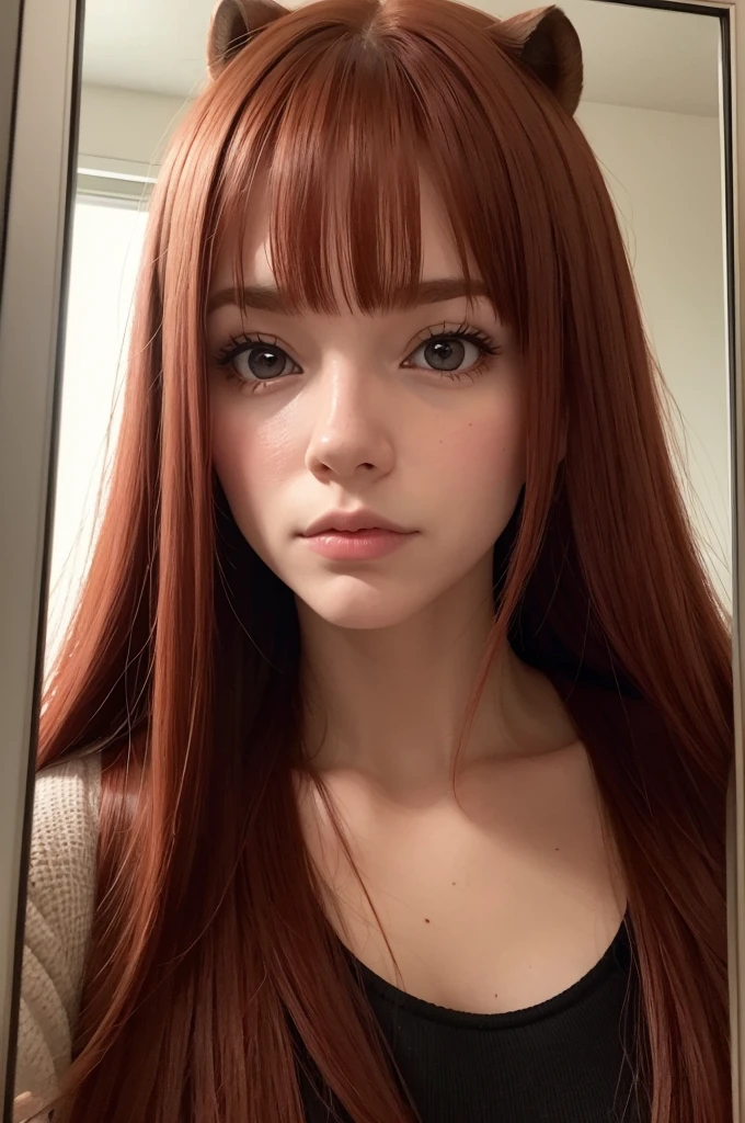 Make an animal version of an adult beaver, with long red hair she is looking at herself in the mirror with deep sadness.