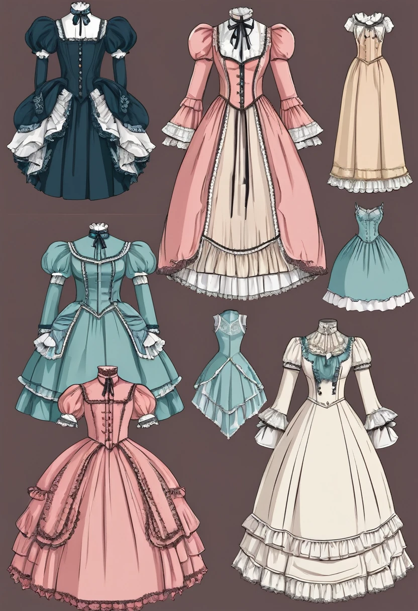 A set of dresses in different colors,Arrange separately,Victorian Gothic ta Fashion,Lolilothing,Fashion Design,Clothing and fabrics,Very detailed and rich costumes,Featuring Victorian clothing,Clean line art and flat colors,Detail Clothing,Rococo costumes,Fashion Design,Retro line art,color