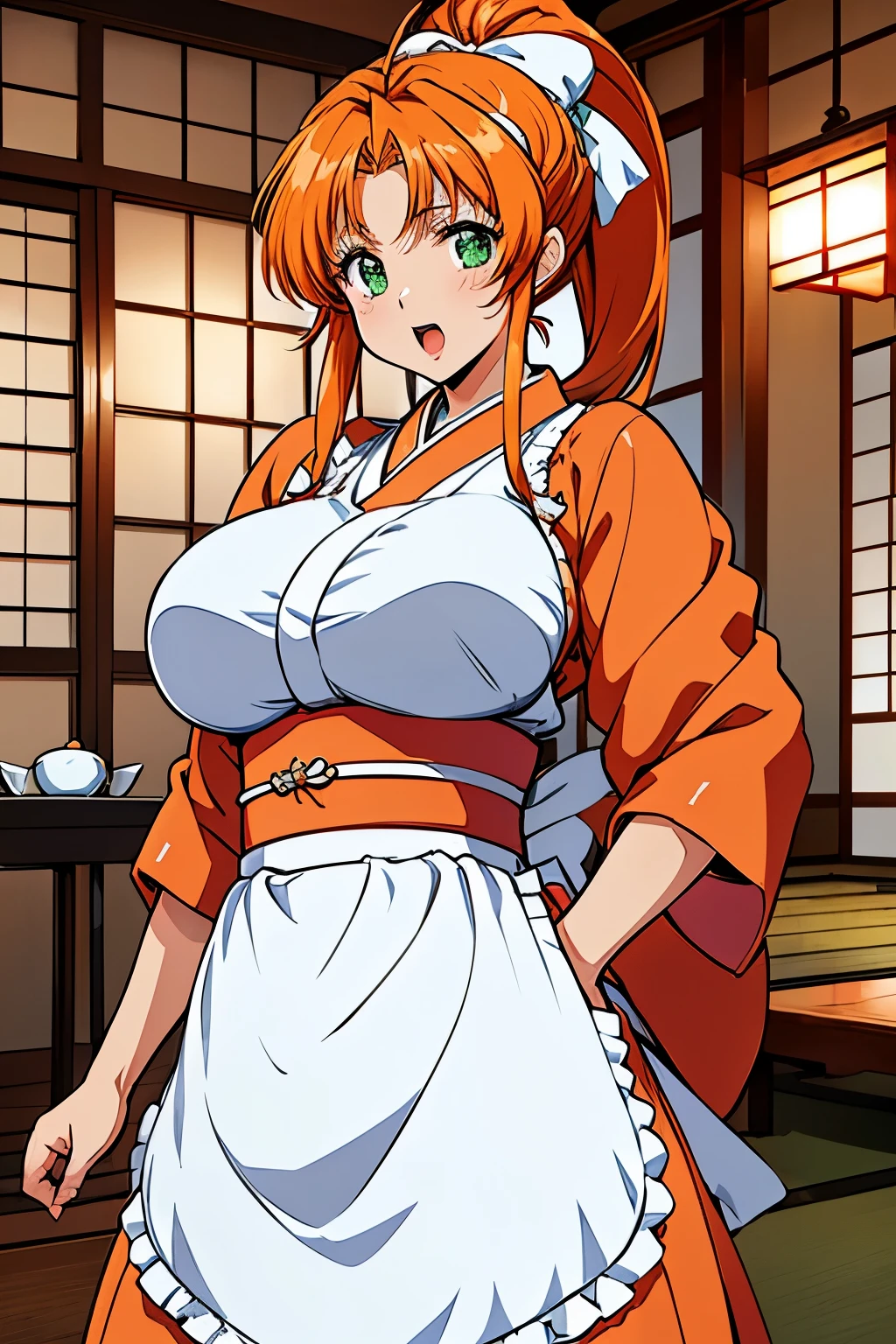 アニメ,アニメ cel style,アニメ style,High resolution, (white frill head dress,fukawa_Miku, green eyes, orange hair, long hair, ponytail, ), gigantic breasts,(Japan、or period、crowd、kimono、(White apron)、Japanese tea house、Japanese-style room、Town Girl:1.5),smile,open mouth,cowboy shot,tray、Japanese tea