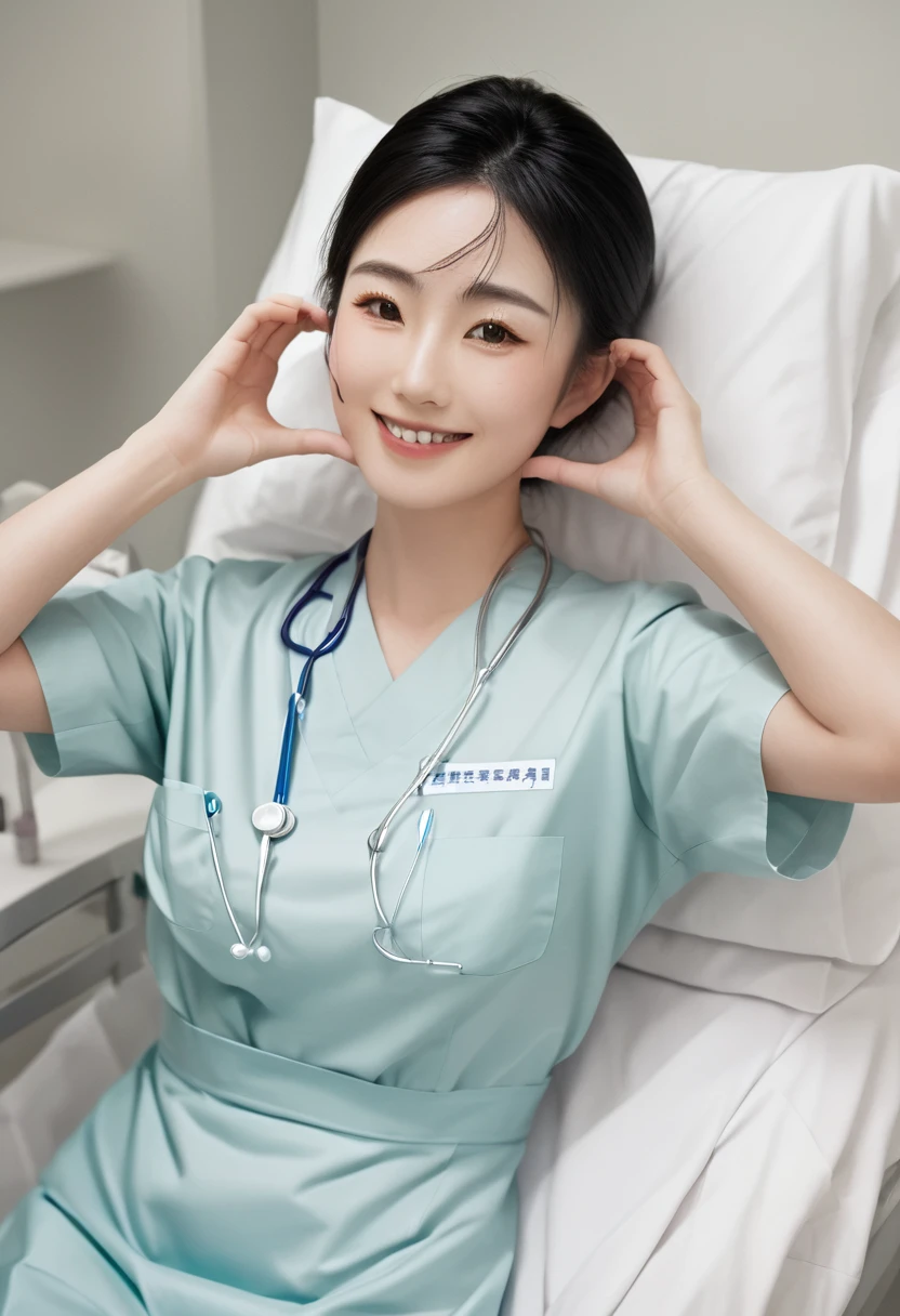 (medium shot), 1girl, (cheek heart:1.4), smiling beautiful Japanese female nurse wearing fitted aqua nurse dress, beautiful detailed face, Japanese woman, sitting, black hair, pale skin, realistic skin, detailed cloth texture, detailed hair texture, Perfect proportion, accurate, Anatomically correct, Highly detailed face and skin texture, modern hospital bed, photorealistic , xxmixgirl