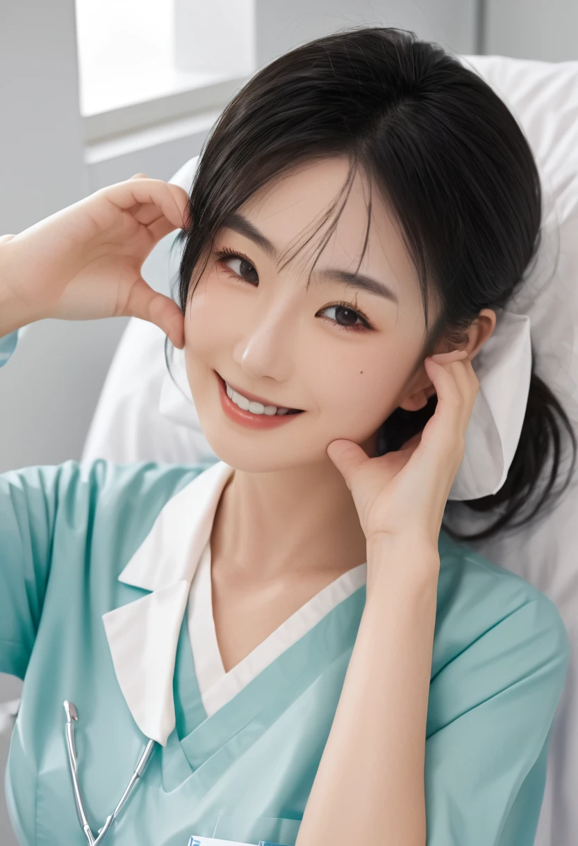 (medium shot), 1girl, (cheek heart:1.4), smiling beautiful Japanese female nurse wearing fitted aqua nurse dress, beautiful detailed face, Japanese woman, sitting, black hair, pale skin, realistic skin, detailed cloth texture, detailed hair texture, Perfect proportion, accurate, Anatomically correct, Highly detailed face and skin texture, modern hospital bed, photorealistic , xxmixgirl