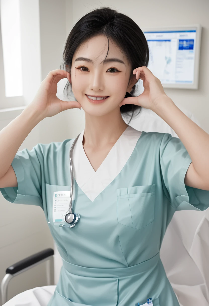 (medium shot), 1girl, (cheek heart:1.4), smiling beautiful Japanese female nurse wearing fitted aqua nurse dress, beautiful detailed face, Japanese woman, sitting, black hair, pale skin, realistic skin, detailed cloth texture, detailed hair texture, Perfect proportion, accurate, Anatomically correct, Highly detailed face and skin texture, modern hospital bed, photorealistic , xxmixgirl