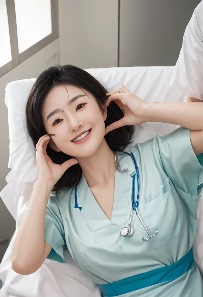 (medium shot), 1girl, (cheek heart:1.4), smiling beautiful Japanese female nurse wearing fitted aqua nurse dress, beautiful detailed face, Japanese woman, sitting, black hair, pale skin, realistic skin, detailed cloth texture, detailed hair texture, Perfect proportion, accurate, Anatomically correct, Highly detailed face and skin texture, modern hospital bed, photorealistic , xxmixgirl