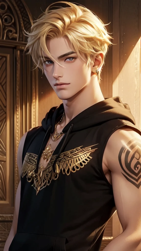 Handsome young man, blond, Orange Eyes, short hair, Black Hoodie,high quality, Draw Amount, pixiv illustrations,Egyptian Dress Up,Gold Jewelry,Tanned skin,Red tattoo on the arm