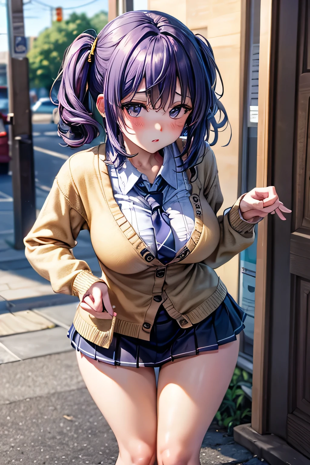 (Very detailed CG Unity 8K 壁紙),(masterpiece), (Highest quality), (Very detailed), (Best illustrations),(Best Shadow), Large Breasts,16 years old,Purple eyes and very short purple hair,blush、Standing and leaning forward、convenience store、Glossy pink underwear、White blouse,Blue tie,Checked mini skirt(She holds her underwear in both hands and reaches forward to show it to the viewer.)、beige cardigan、Dynamic Angle