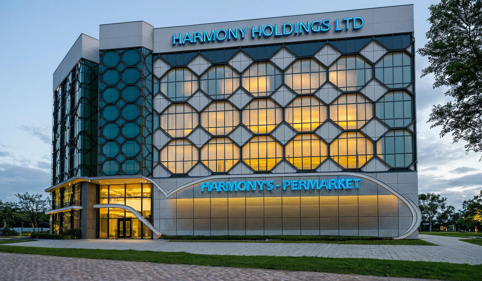 Harmony Holdings Ltd. is a prominent office building situated on a bustling street, road,pavement, grass, trees, sky, cloud, (nightlight:1.1)