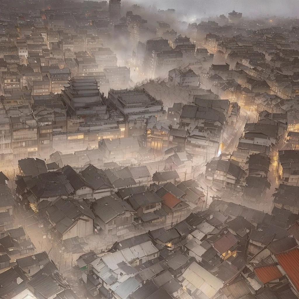 Here are pictures of a completely destroyed city., A vast, detailed, hierarchical city, Aerial view of the city, Digital Painting of zurich, Olsinsky workshop, Atmospheric. Digital Painting, Soaring above the densely populated city, By Artur Tarnowski, hyper detailed matte painting, A detailed matte painting, Ultra-detailed 3D matte painting, Detailed matte painting with blazing flames, fire, crowd, throng, freezing, mother warming her baby.Scenery and Cityscape in the Early Meiji Era After the Meiji Restoration, Japan underwent rapid modernization and civilization. Consequently, many changes and reforms occurred. Below is a detailed explanation of the scenery, appearance of the poor, occupations, and cityscapes in the early Meiji period (1868 to the early 1880s). 2. Appearance of the Poor Life for the impoverished and lower classes remained harsh. In particular, in urban areas, people migrated from rural areas or unemployed artisans gathered, intensifying competition in the labor market. Many of them struggled with poverty, often residing in slums or around temples. 3. Occupations Meiji early Japan witnessed a diversification of occupations. Traditional agriculture and handicrafts were accompanied by the rise of modern industry and commerce. Particularly in urban areas, factory workers, shop clerks, and transporters increased, giving rise to new professions. However, many in these occupations endured harsh working conditions. 4. Influence of Civilization and Enlightenment During the Meiji era, Western cultural influences spread rapidly. Changes in clothing, dietary habits, and the proliferation of Western-style architecture advanced, especially in urban areas. Conversely, this development posed a threat to traditional culture and lifestyles, resulting in societal upheaval and adaptation challenges. 5. Social Change and Policy Influence While promoting modernization policies, the government also addressed poverty and social issues. Legislation for labor protection and charitable activities to aid the poor were implemented. Nevertheless, living conditions for the impoverished scarcely improved. The early Meiji period marked a rapid transformat