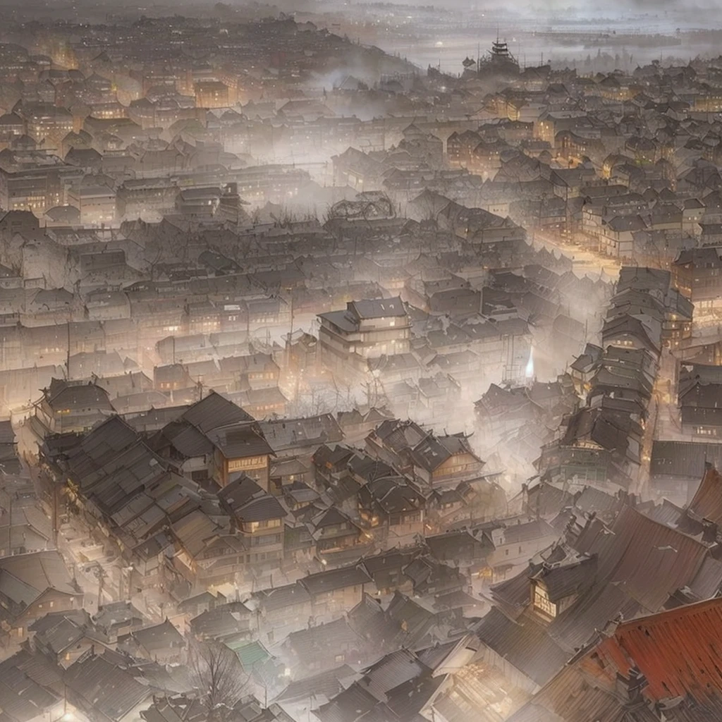 Here are pictures of a completely destroyed city., A vast, detailed, hierarchical city, Aerial view of the city, Digital Painting of zurich, Olsinsky workshop, Atmospheric. Digital Painting, Soaring above the densely populated city, By Artur Tarnowski, hyper detailed matte painting, A detailed matte painting, Ultra-detailed 3D matte painting, Detailed matte painting with blazing flames, fire, crowd, throng, freezing, mother warming her baby.Scenery and Cityscape in the Early Meiji Era After the Meiji Restoration, Japan underwent rapid modernization and civilization. Consequently, many changes and reforms occurred. Below is a detailed explanation of the scenery, appearance of the poor, occupations, and cityscapes in the early Meiji period (1868 to the early 1880s). 2. Appearance of the Poor Life for the impoverished and lower classes remained harsh. In particular, in urban areas, people migrated from rural areas or unemployed artisans gathered, intensifying competition in the labor market. Many of them struggled with poverty, often residing in slums or around temples. 3. Occupations Meiji early Japan witnessed a diversification of occupations. Traditional agriculture and handicrafts were accompanied by the rise of modern industry and commerce. Particularly in urban areas, factory workers, shop clerks, and transporters increased, giving rise to new professions. However, many in these occupations endured harsh working conditions. 4. Influence of Civilization and Enlightenment During the Meiji era, Western cultural influences spread rapidly. Changes in clothing, dietary habits, and the proliferation of Western-style architecture advanced, especially in urban areas. Conversely, this development posed a threat to traditional culture and lifestyles, resulting in societal upheaval and adaptation challenges. 5. Social Change and Policy Influence While promoting modernization policies, the government also addressed poverty and social issues. Legislation for labor protection and charitable activities to aid the poor were implemented. Nevertheless, living conditions for the impoverished scarcely improved. The early Meiji period marked a rapid transformat