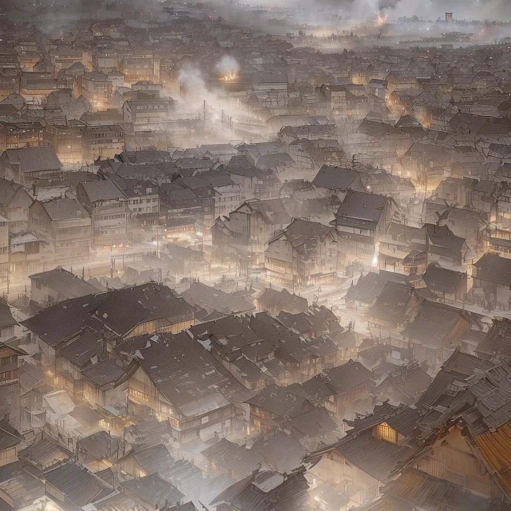 Here are pictures of a completely destroyed city., A vast, detailed, hierarchical city, Aerial view of the city, Digital Painting of zurich, Olsinsky workshop, Atmospheric. Digital Painting, Soaring above the densely populated city, By Artur Tarnowski, hyper detailed matte painting, A detailed matte painting, Ultra-detailed 3D matte painting, Detailed matte painting with blazing flames, fire, crowd, throng, freezing, mother warming her baby.Scenery and Cityscape in the Early Meiji Era After the Meiji Restoration, Japan underwent rapid modernization and civilization. Consequently, many changes and reforms occurred. Below is a detailed explanation of the scenery, appearance of the poor, occupations, and cityscapes in the early Meiji period (1868 to the early 1880s). 2. Appearance of the Poor Life for the impoverished and lower classes remained harsh. In particular, in urban areas, people migrated from rural areas or unemployed artisans gathered, intensifying competition in the labor market. Many of them struggled with poverty, often residing in slums or around temples. 3. Occupations Meiji early Japan witnessed a diversification of occupations. Traditional agriculture and handicrafts were accompanied by the rise of modern industry and commerce. Particularly in urban areas, factory workers, shop clerks, and transporters increased, giving rise to new professions. However, many in these occupations endured harsh working conditions. 4. Influence of Civilization and Enlightenment During the Meiji era, Western cultural influences spread rapidly. Changes in clothing, dietary habits, and the proliferation of Western-style architecture advanced, especially in urban areas. Conversely, this development posed a threat to traditional culture and lifestyles, resulting in societal upheaval and adaptation challenges. 5. Social Change and Policy Influence While promoting modernization policies, the government also addressed poverty and social issues. Legislation for labor protection and charitable activities to aid the poor were implemented. Nevertheless, living conditions for the impoverished scarcely improved. The early Meiji period marked a rapid transformat