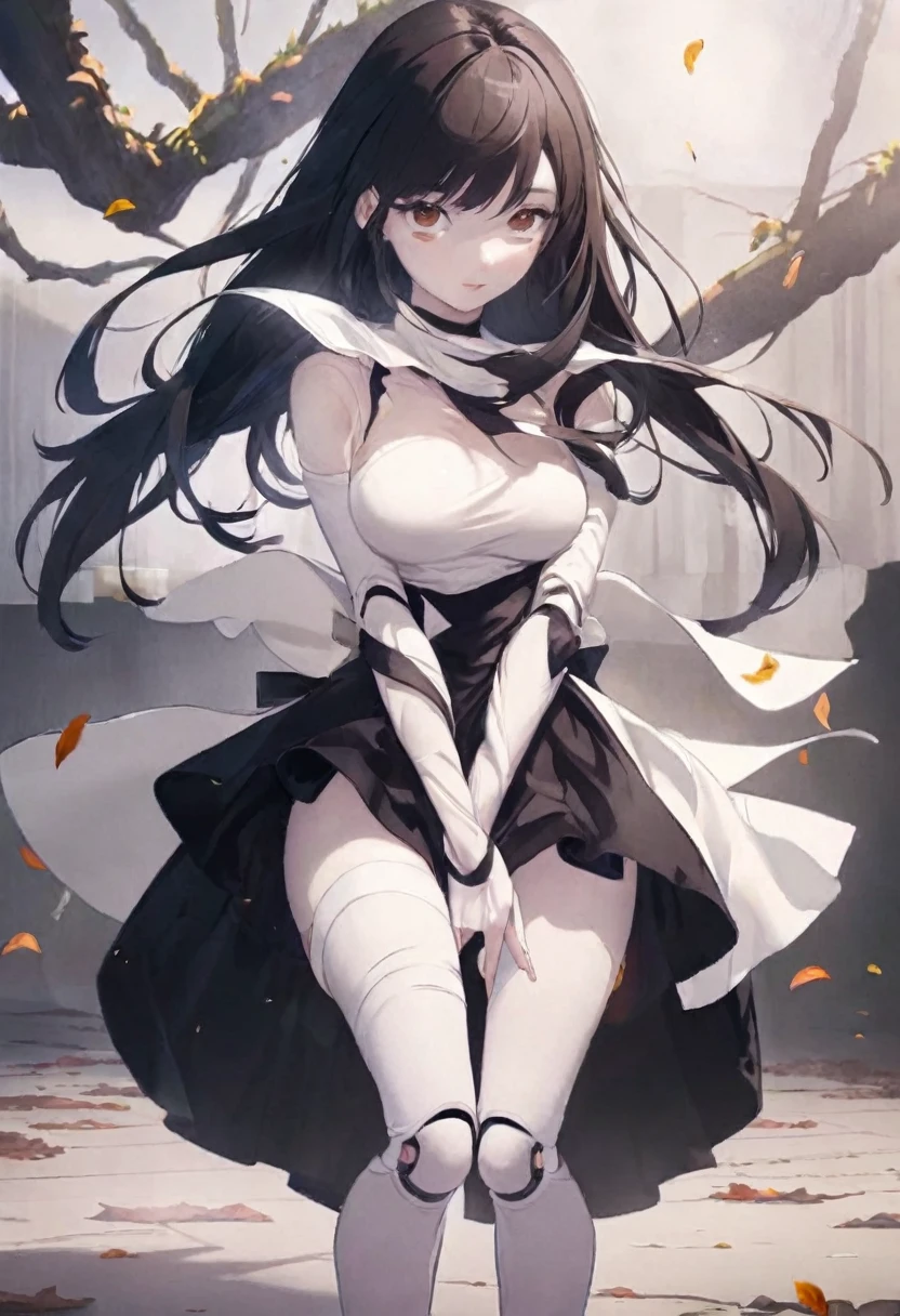 ((((Obra maestra, La mejor calidad, ultrahigh resolution)))), 1girl, happy, standing, (((doll knees, doll elbows, ((doll joints:1.2, action figure limbs:1.2, segmented body))), [mechanical body], (segmented waist), (doll waist), (black hair, dark black hair over eye:1), long hair cut, pale skin, ((brown eyes)), ((glowing_eyes)), (((ultra detailed eyes:0.7, beautiful and detailed face, detailed eyes:0.9))), ((centered)), (wide shot), facing viewer, (((outdoors, darkness, falling leaves:0.9))), medium breasts, looking at viewer, ((half closed eyes)), ((perfect hands)), (((head:1, arms, hips in view, elbows, thighs, in view))), ((hands at sides)), lively eyes, beautiful lighting, outside, outdoors, background, ((defined subject)), 25 years old, (head tilt), (((cool))), ((lively)), (((high contrast)))