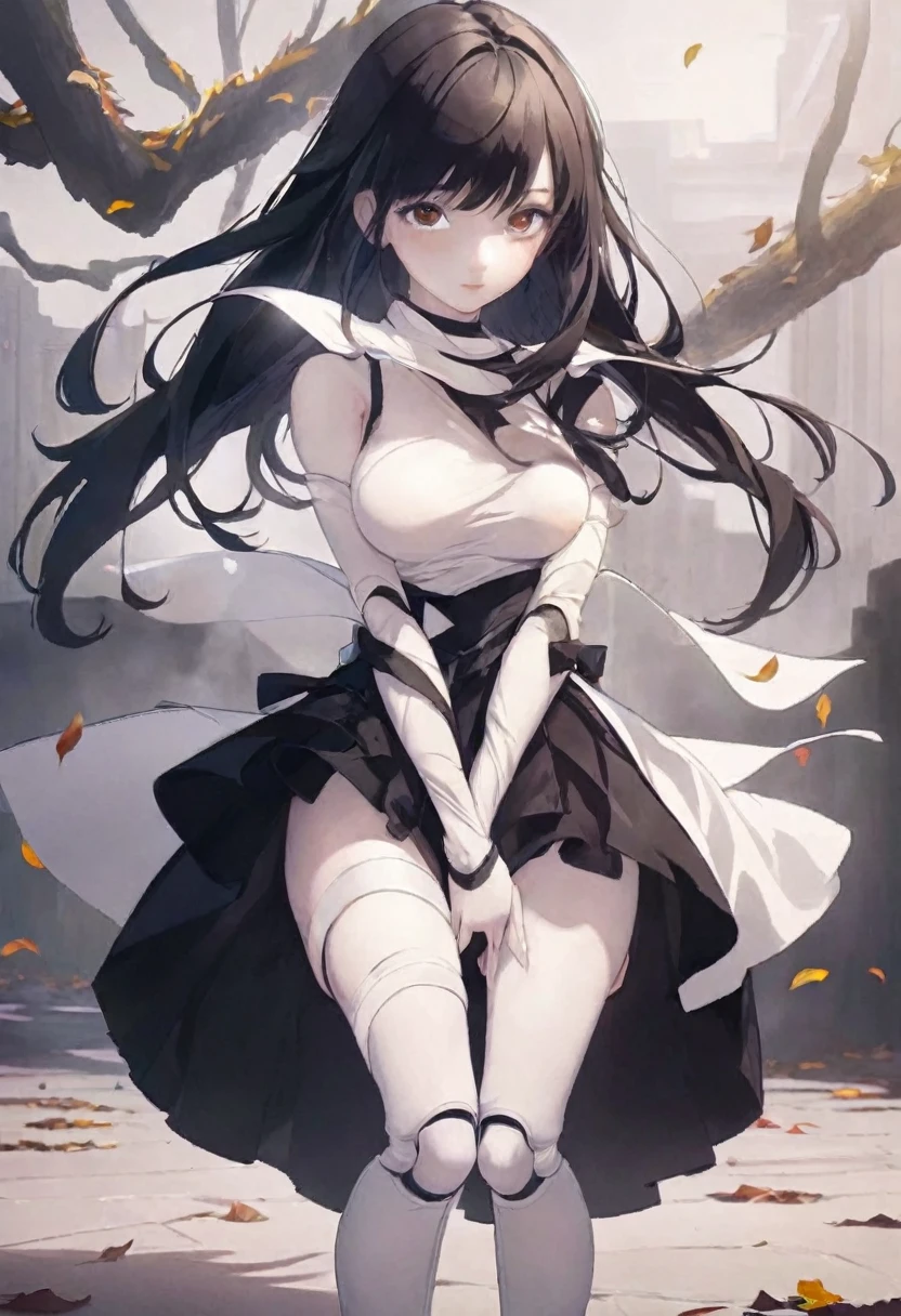 ((((Obra maestra, La mejor calidad, ultrahigh resolution)))), 1girl, happy, standing, (((doll knees, doll elbows, ((doll joints:1.2, action figure limbs:1.2, segmented body))), [mechanical body], (segmented waist), (doll waist), (black hair, dark black hair over eye:1), long hair cut, pale skin, ((brown eyes)), ((glowing_eyes)), (((ultra detailed eyes:0.7, beautiful and detailed face, detailed eyes:0.9))), ((centered)), (wide shot), facing viewer, (((outdoors, darkness, falling leaves:0.9))), medium breasts, looking at viewer, ((half closed eyes)), ((perfect hands)), (((head:1, arms, hips in view, elbows, thighs, in view))), ((hands at sides)), lively eyes, beautiful lighting, outside, outdoors, background, ((defined subject)), 25 years old, (head tilt), (((cool))), ((lively)), (((high contrast)))