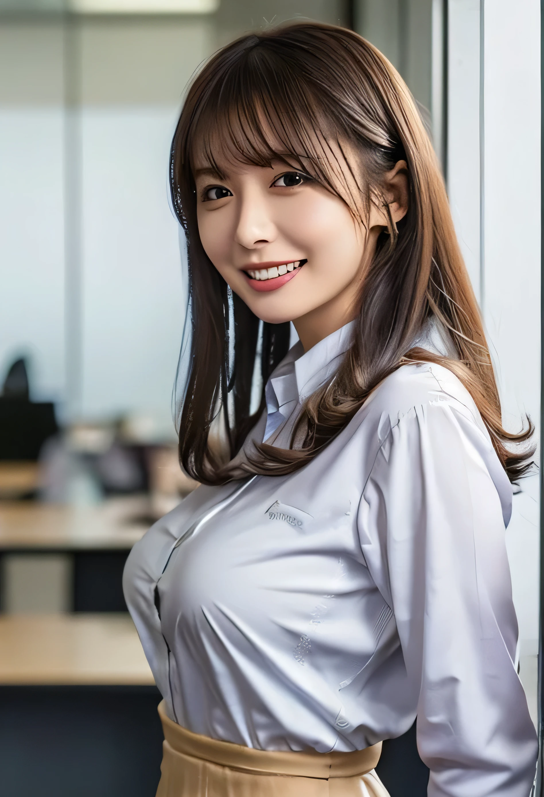 (White collared shirt、Photo from the waist up:1.4).One Girl, Cool Biz、(Put your hands on the desk and stick your butt out、office、Naturally large breasts that can be seen even through clothes、Office Lady Uniform、Beautiful girl, Delicate girl:1.3), (24-years-old:1.3),(Smiling with teeth showing、Cute smiling eyes、Cute loose perm、(Fluffy hair、Loose perm、Braid only the bangs:1.4)Braid only the bangs、Fluffy hair、Medium Short Hair、Wearing an office lady skirt、Round and ample breasts、Curved waist、Photo from the waist up:1.4)
Very beautiful eyes, (Office Lady Uniform:1.3), (Large Breasts:0.5), Brown eyes, Parted bangs, Light brown hair,
, A face of ecstasy、(The expression of ecstasy、A face of ecstasy:1.0),
, (masterpiece, Highest quality, Super detailed, Detailed face, 8k)