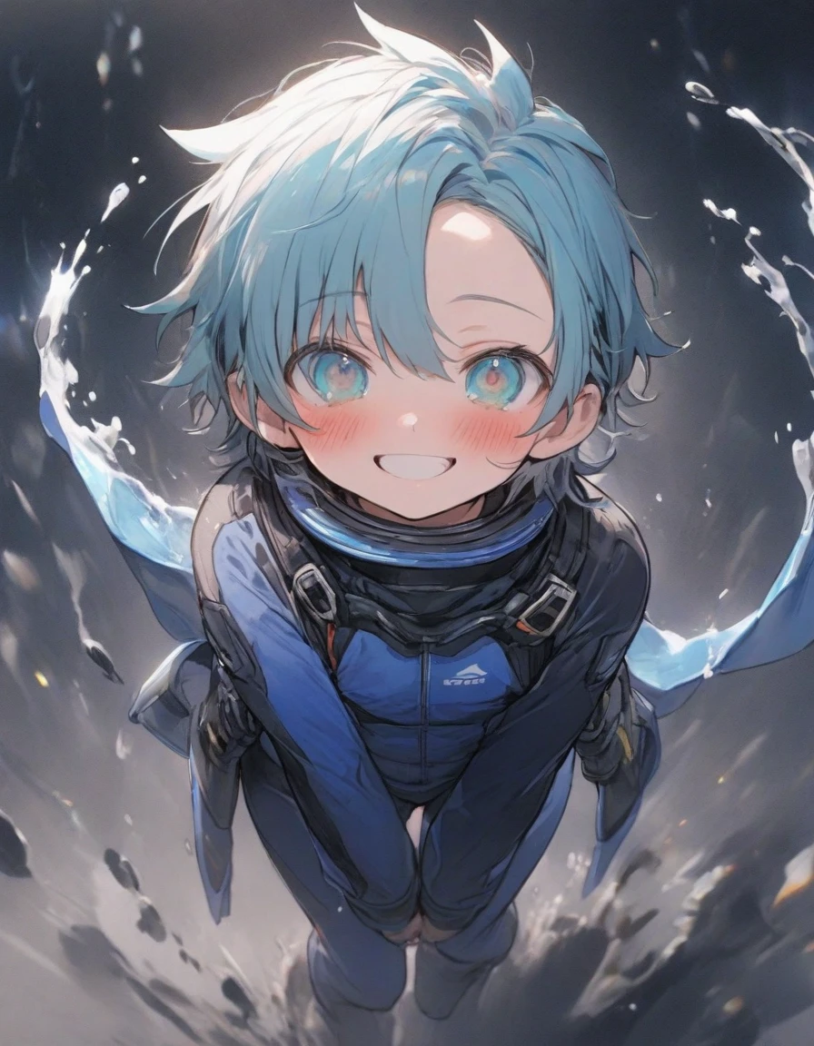 1 boy,,,10 years old,、Short hair, (spiked hair:1.1), asymmetrical bangs, low twintails,Aqua Blue Hair, Two-tone hair, A delicate and delicate face, blush, ,aqua eyes, Black_bow ribbon, 、Hanging eyes,,(blue diver's suit:1.3),blush,smile,full body,