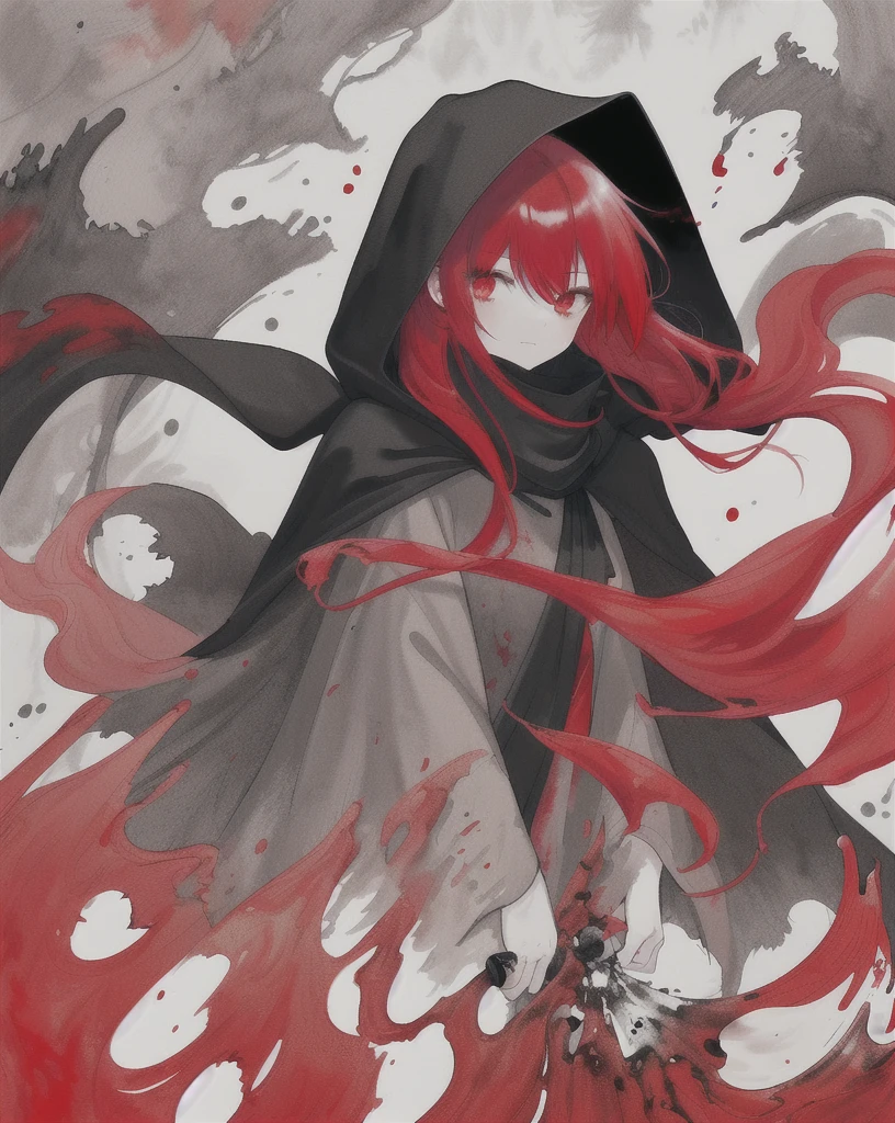1girl,(red hair)),red eyes,萝,long hair,(loose long hair),((black cloak)),(cape hood),scarf,red moon on the sky,night,floating red flowers falling,upper body,ruins,intense shadows,ash,fire,ice,((Ink wash painting)),((ink splashing)),((color splashing)),