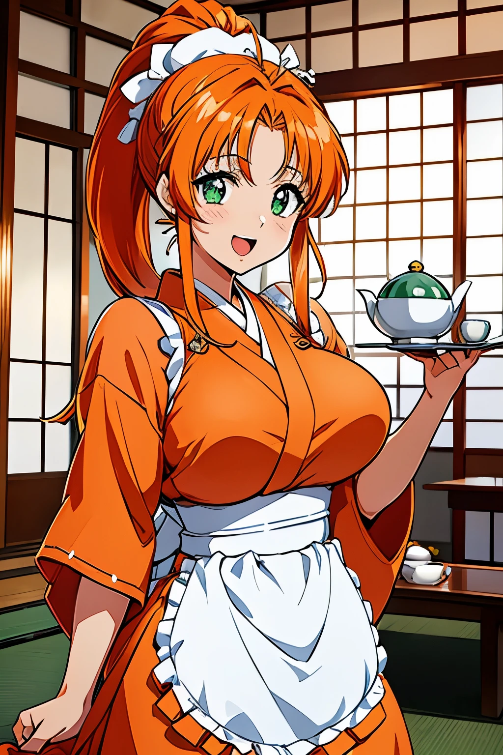 アニメ,アニメ cel style,アニメ style,High resolution, (white frill head dress,fukawa_Miku, green eyes, orange hair, long hair, ponytail, ), gigantic breasts,(Japan、or period、crowd、orange kimono、(White apron)、Japanese tea house、Japanese-style room、Town Girl:1.5),smile,open mouth,cowboy shot,tray、Japanese tea