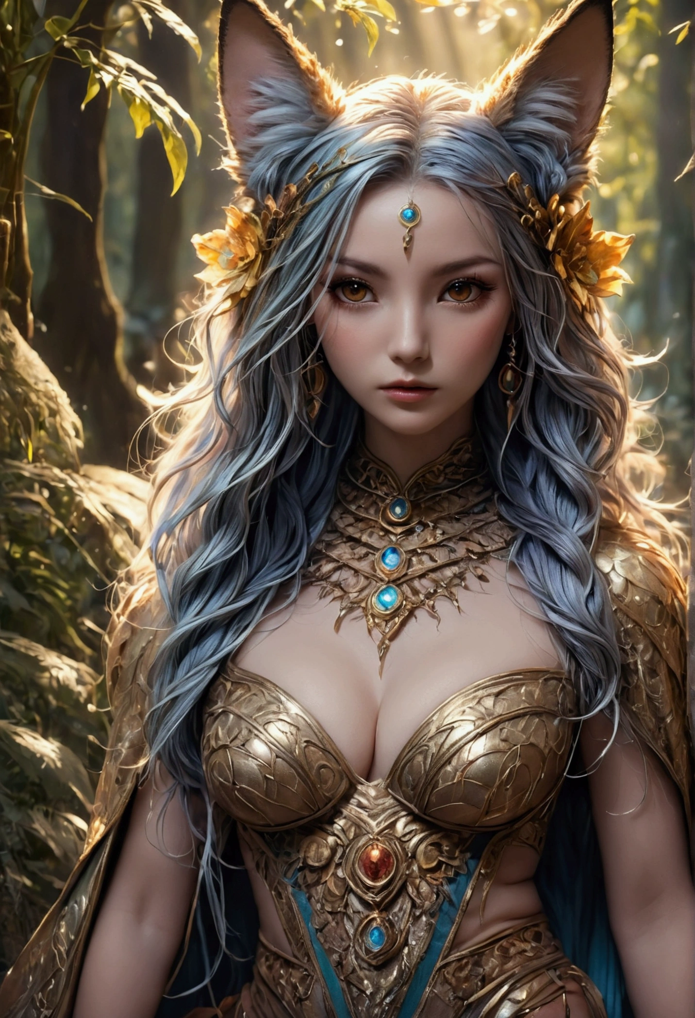 A beautiful, enchantingly elusive humanoid faunus woman, every aspect exudes magic in the midst of danger: shimmering rainbow fur, ethereal golden horn, and eyes that seem to hold the secrets of the universe. The mystical creature is surrounded by a lush, enchanted forest, bathed in the soft light of the setting sun, creating a dreamlike atmosphere that transports viewers to a realm of fantasy and wonder. This breathtaking image is a digital painting that captures the essence of the mythical creature with stunning detail and masterful technique, making it a truly mesmerizing work of art.