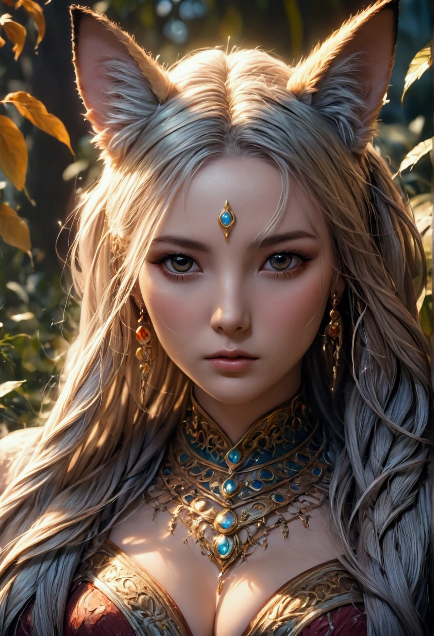 A beautiful, enchantingly elusive humanoid faunus woman, every aspect exudes magic in the midst of danger: shimmering rainbow fur, ethereal golden horn, and eyes that seem to hold the secrets of the universe. The mystical creature is surrounded by a lush, enchanted forest, bathed in the soft light of the setting sun, creating a dreamlike atmosphere that transports viewers to a realm of fantasy and wonder. This breathtaking image is a digital painting that captures the essence of the mythical creature with stunning detail and masterful technique, making it a truly mesmerizing work of art.