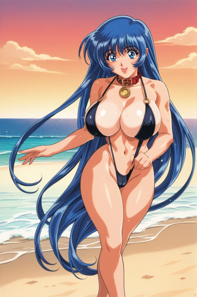 score_9,score_8_up,score_7_up,masterpiece,best quality,very aesthetic,absurdres,official art,official style,
Misumaru Yurika,1girl,solo,retro artstyle,busty shortstack,blue hair,long hair,blue eyes,huge breasts,toned hips,cameltoe,full lips,sexy girl,1990s \(style\), wide hips, slim body, black sling bikini, dog collar, (heavy breasts:1.6) motion lines, bouncing breast:0.8, sunny beach, sand and waves, waving, nervous smile,blush,sweaty,wet,shiny body
