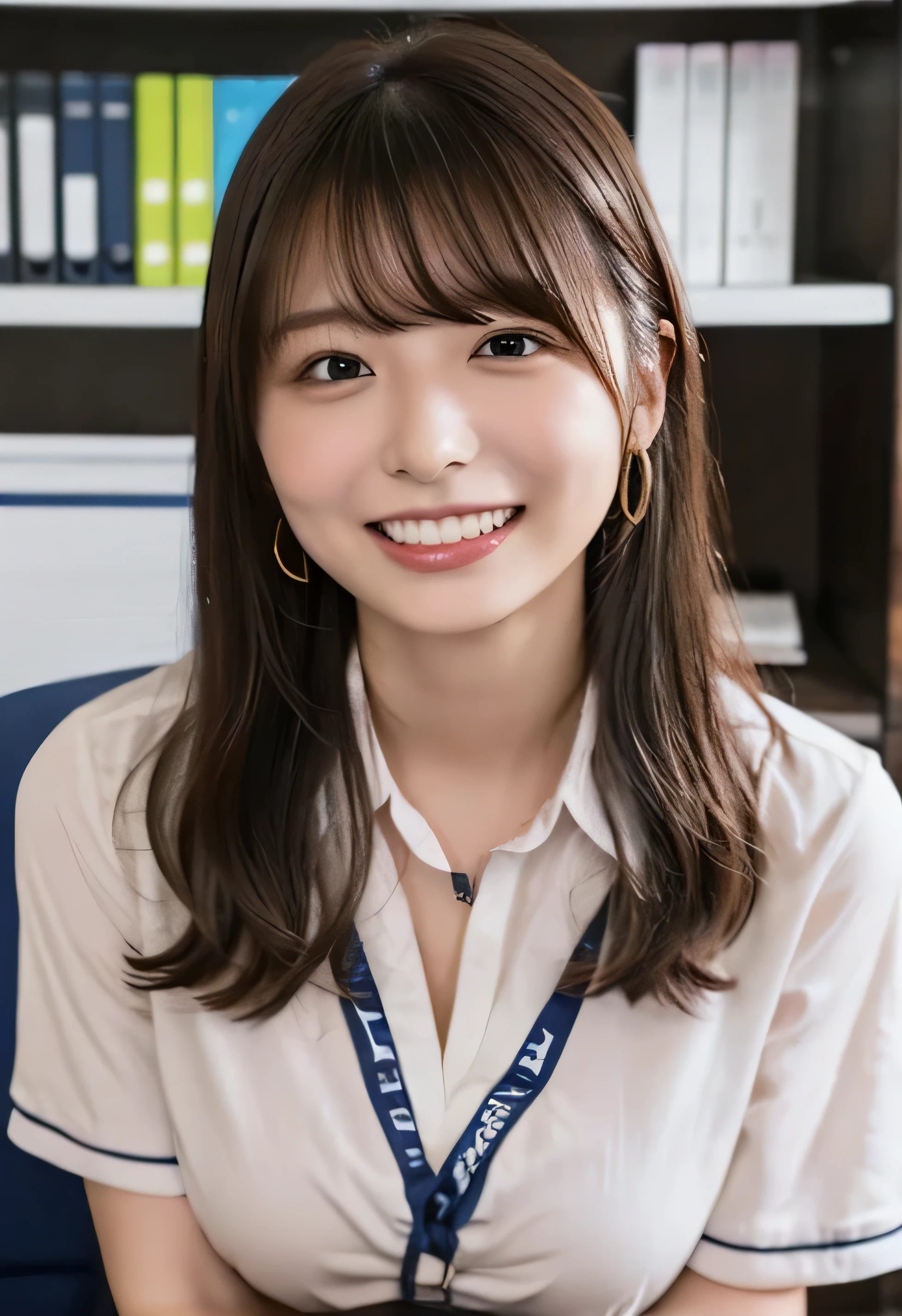 (White collared shirt、Photo from the waist up:1.4).One Girl, Cool Biz、(Put your hands on the desk and stick your butt out、office、Naturally large breasts that can be seen even through clothes、Office Lady Uniform、Beautiful girl, Delicate girl:1.3), (24-years-old:1.3),(Smiling with teeth showing、Cute smiling eyes、Cute loose perm、(Fluffy hair、Loose perm、Braid only the bangs:1.4)Braid only the bangs、Fluffy hair、Medium Short Hair、Wearing an office lady skirt、Round and ample breasts、Curved waist、Photo from the waist up:1.4)
Very beautiful eyes, (Office Lady Uniform:1.3), (Large Breasts:0.5), Brown eyes, Parted bangs, Light brown hair,
, A face of ecstasy、(The expression of ecstasy、A face of ecstasy:1.0),
, (masterpiece, Highest quality, Super detailed, Detailed face, 8k)