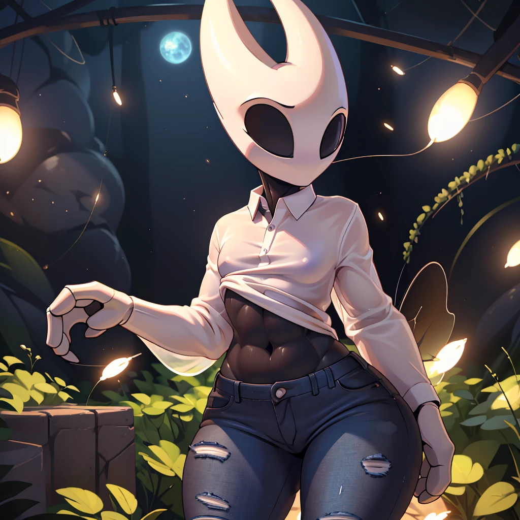 (masterpiece), ((perfect anatomy)), (high Res), (4k), hornet, ((insectoid)), ((segmented body)), ((insect body parts)), black body, (white head), 3 fingers(index, middle and thumps), flat chest, wide hips, (((white qet translucent shirt))), (((tight jeans))), (((solo))), narrow waist, (cute artstyle)