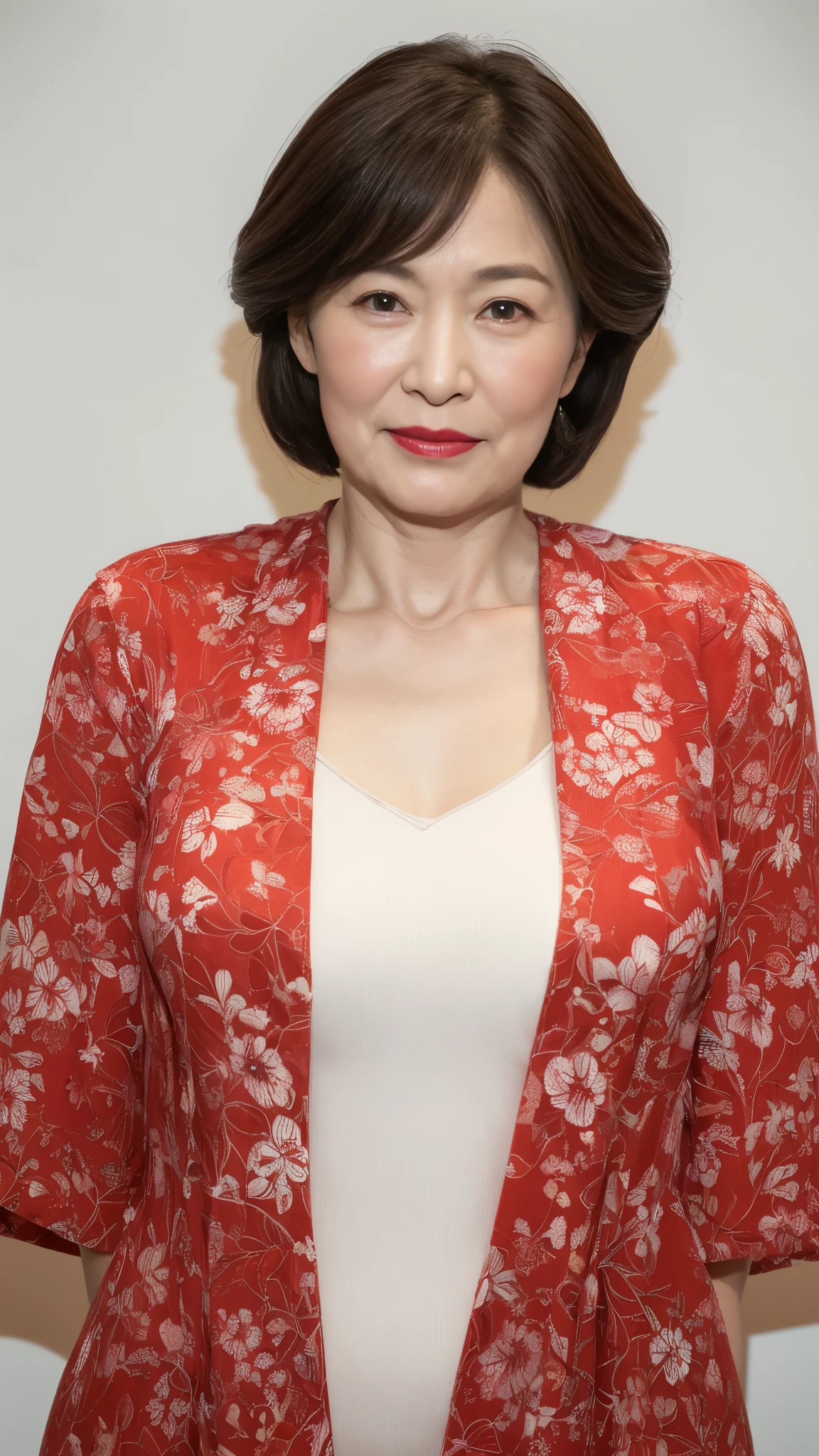 Poster, Mature Woman, Our eyes met, Japanese painting gravure, senior citizen, Draw lips correctly, Red lipstick, No discomfort, 120 years old, 16K, Highest quality, Very detailed, Realistic, Very detailed肌, (Japanese), alone, Large Breasts, Neighborhood Wife, Glamour, sexy, Chromo White Skin, Staring straight ahead,
