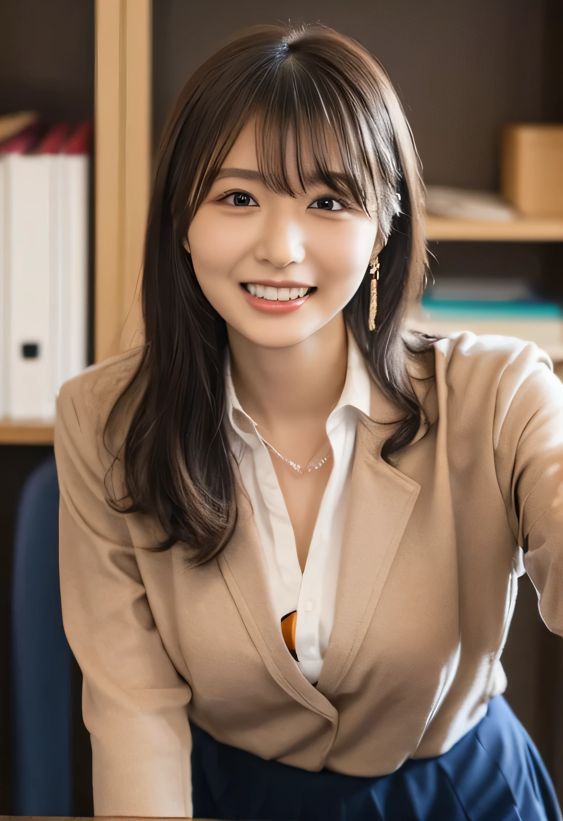 (Photo from the waist up:1.4).One Girl, Cool Biz、(Put your hands on the desk and stick your butt out、office、Naturally large breasts that can be seen even through clothes、Office Lady Uniform、Beautiful girl, Delicate girl:1.3), (24-years-old:1.3),(Smiling with teeth showing、Cute smiling eyes、Cute loose perm、(Fluffy hair、Loose perm、Braid only the bangs:1.4)Braid only the bangs、Fluffy hair、Medium Short Hair、Wearing an office lady skirt、Round and ample breasts、Curved waist、Photo from the waist up:1.4)
Very beautiful eyes, (Office Lady Uniform:1.3), (Large Breasts:0.5), Brown eyes, Parted bangs, Light brown hair,
, A face of ecstasy、(The expression of ecstasy、A face of ecstasy:1.0),
, (masterpiece, Highest quality, Super detailed, Detailed face, 8k)